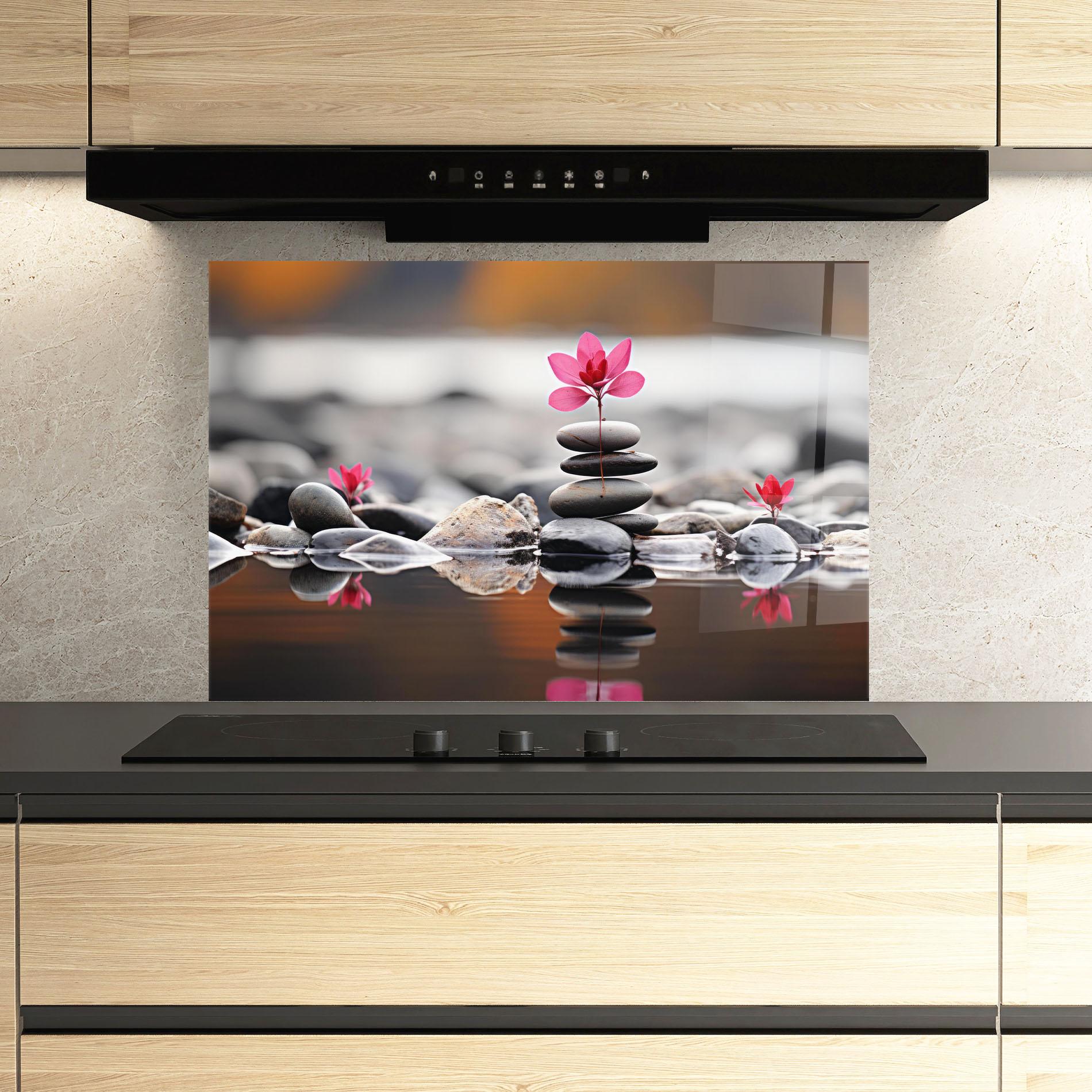 Küchenrückwand Glas Grey Rocks Flower mockup 3