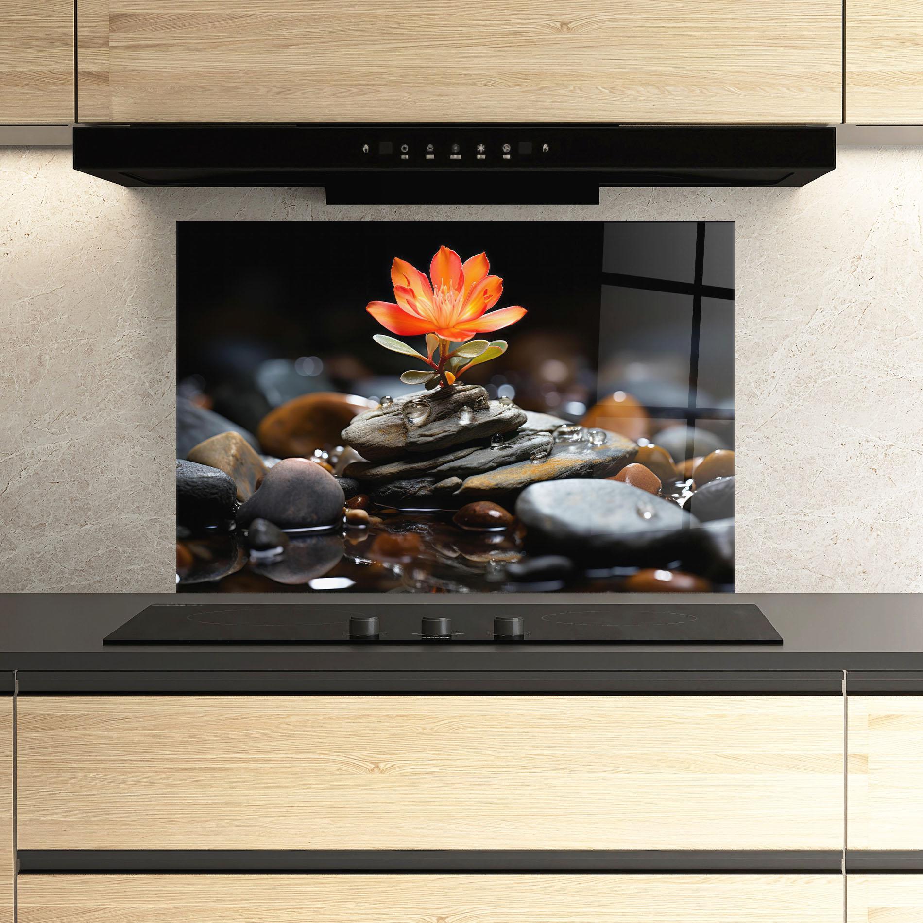 Küchenrückwand Glas Orange Flower Stone mockup 3