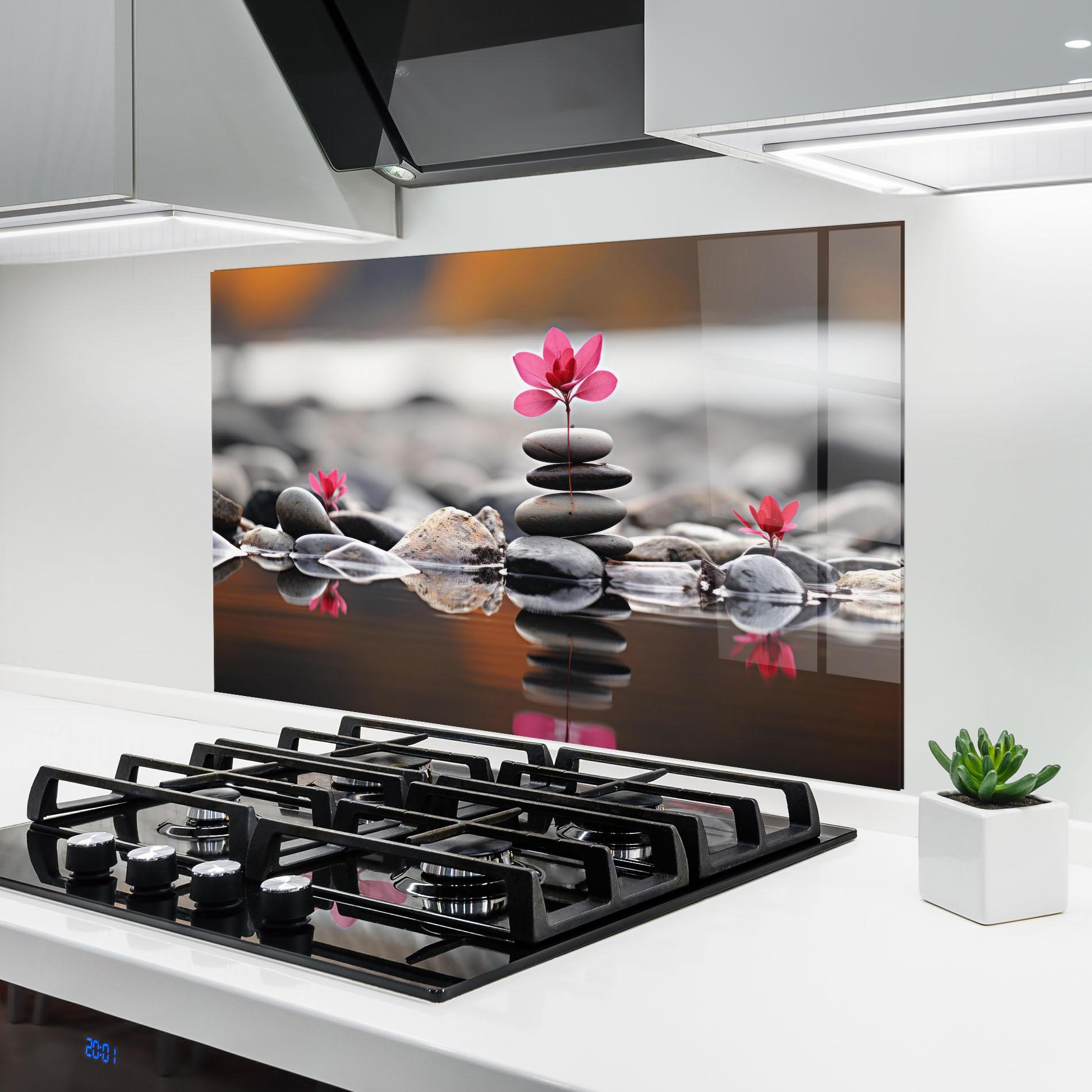 Küchenrückwand Glas Grey Rocks Flower mockup 6