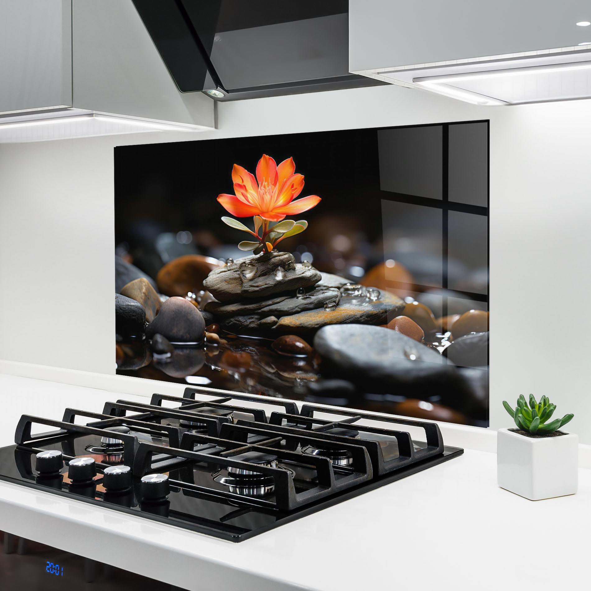 Küchenrückwand Glas Orange Flower Stone mockup 6