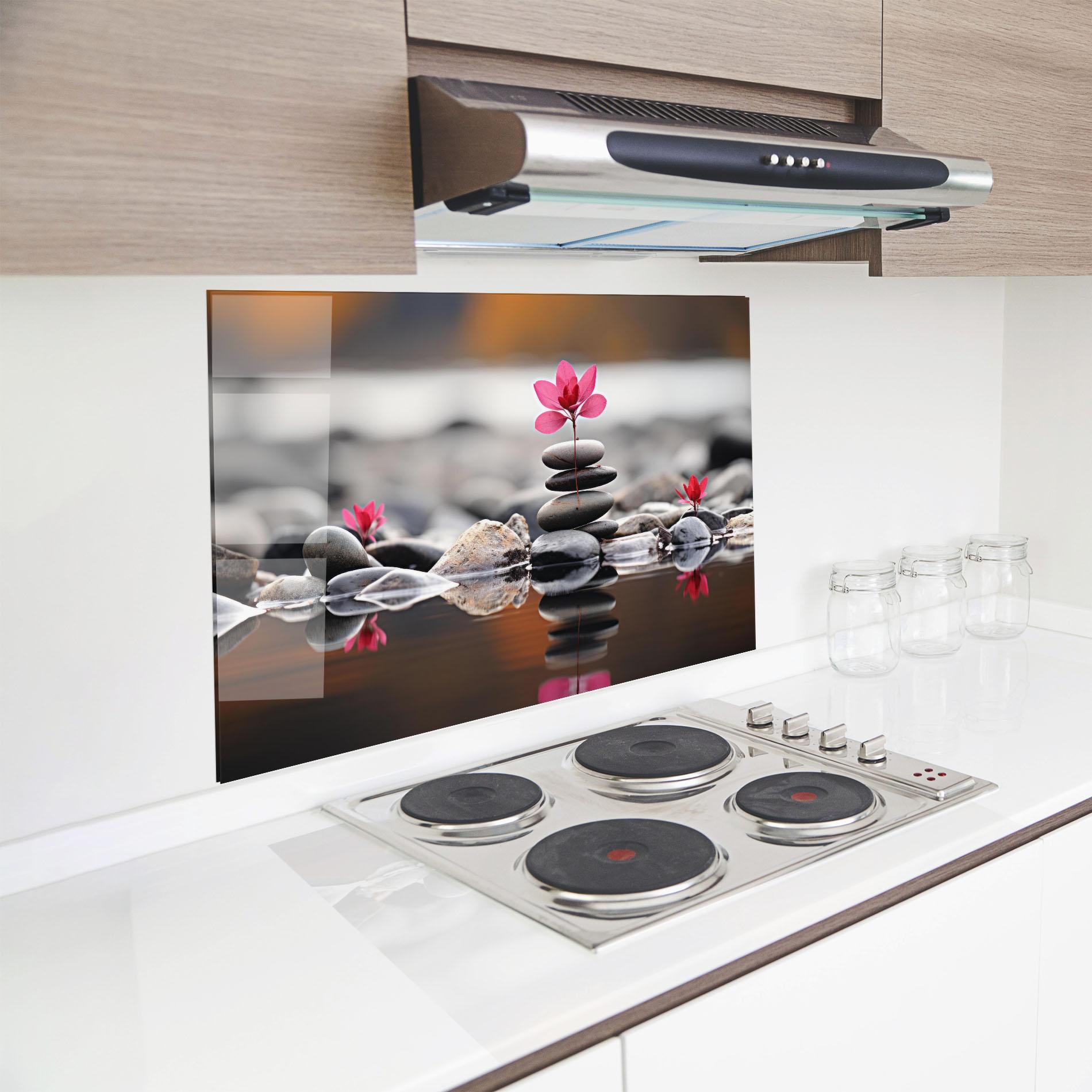 Küchenrückwand Glas Grey Rocks Flower mockup 8