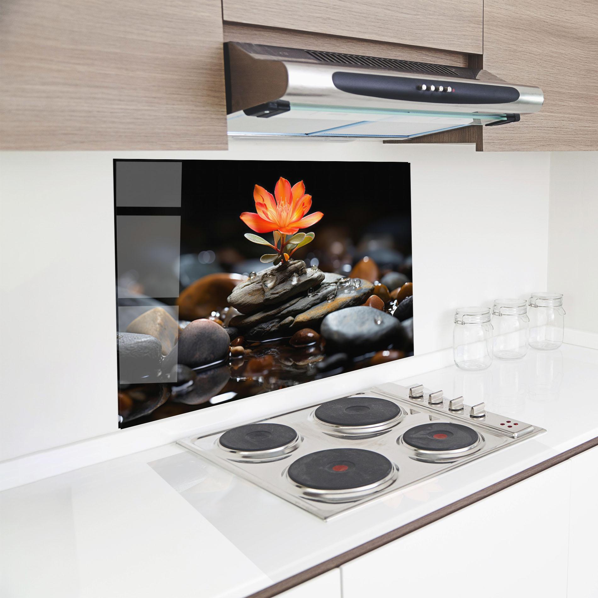 Küchenrückwand Glas Orange Flower Stone mockup 8