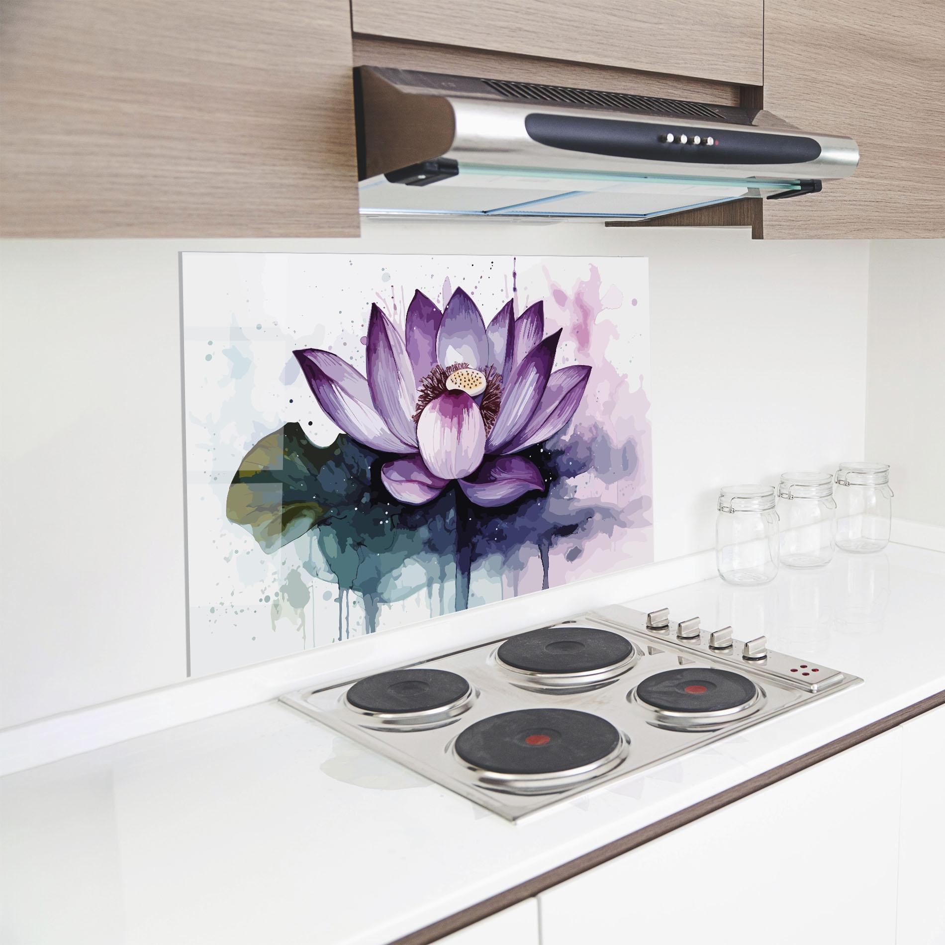 Küchenrückwand Glas Purple Lotus Art mockup 8