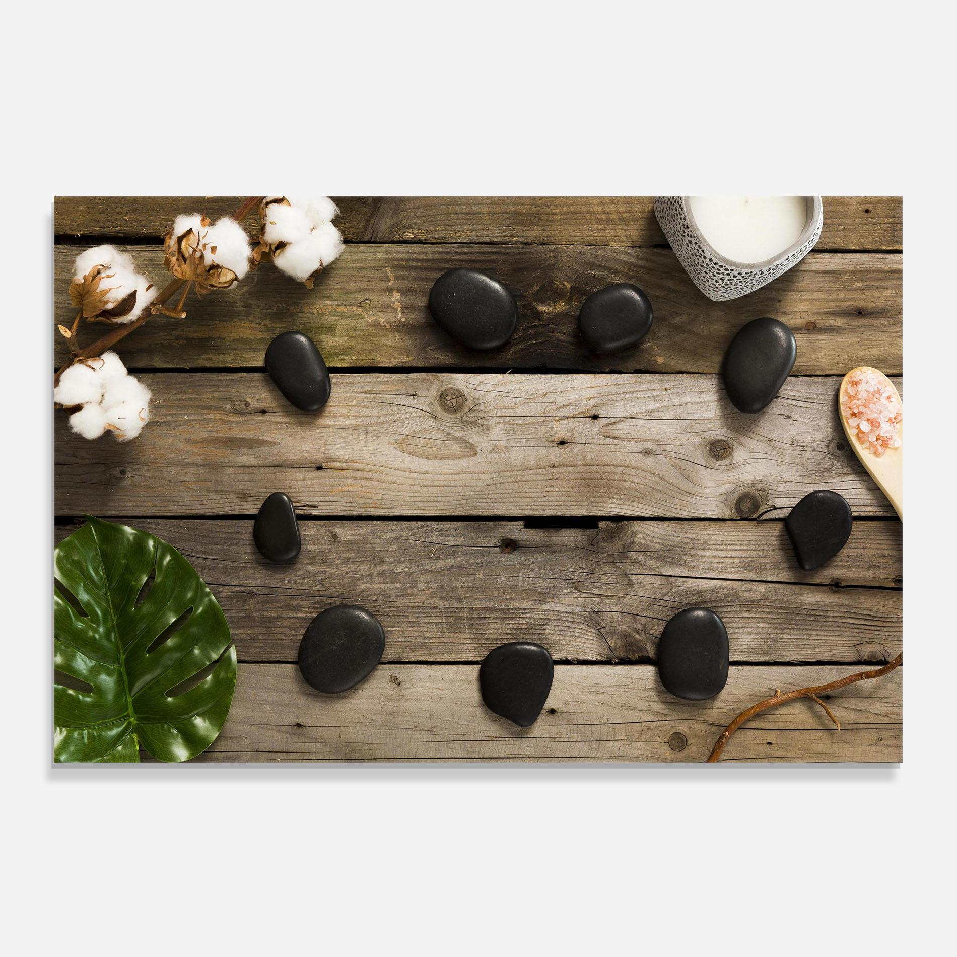 Küchenrückwand Glas Cotton Flowers Stones mockup 0