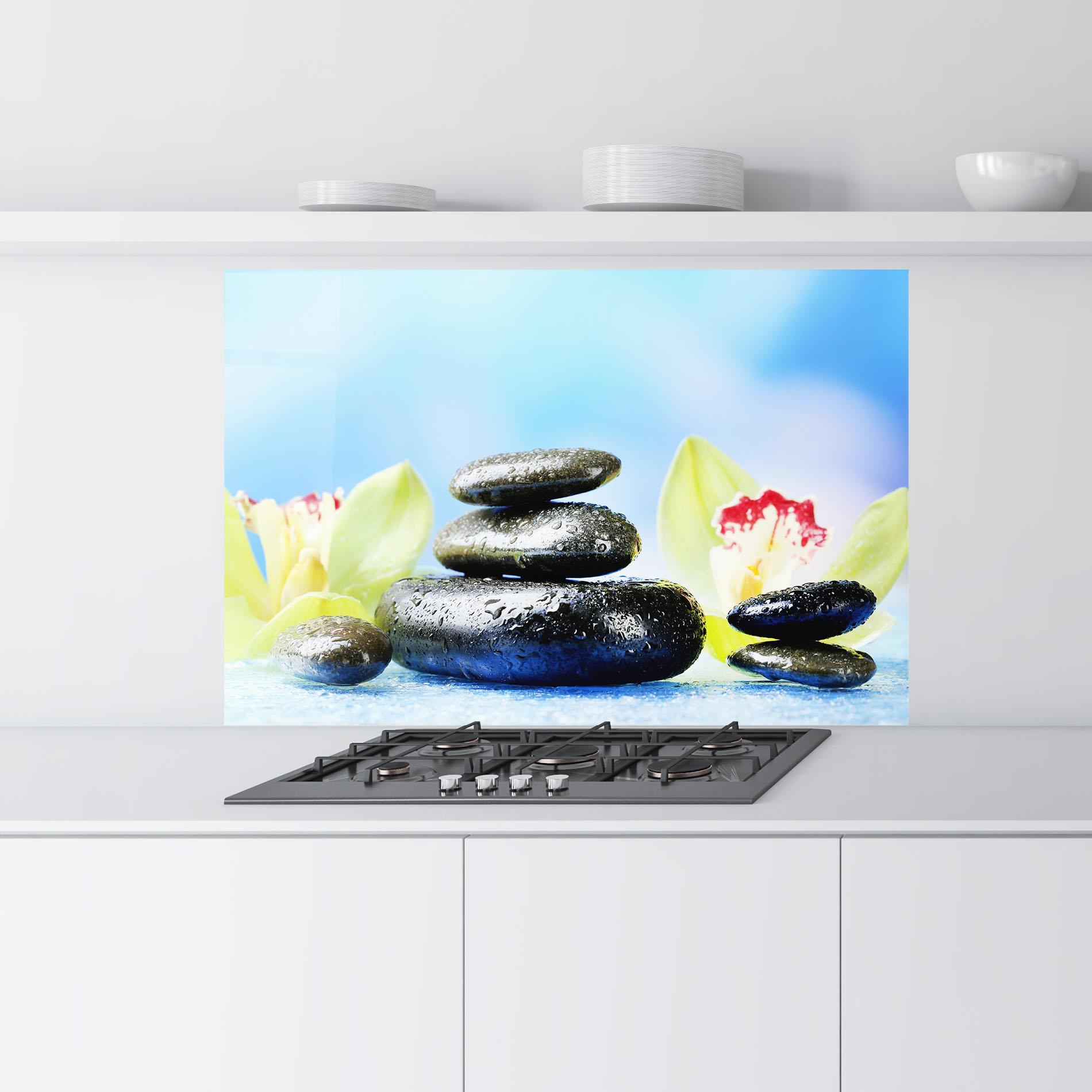 Küchenrückwand Glas Blooming Orchid Stone mockup 9