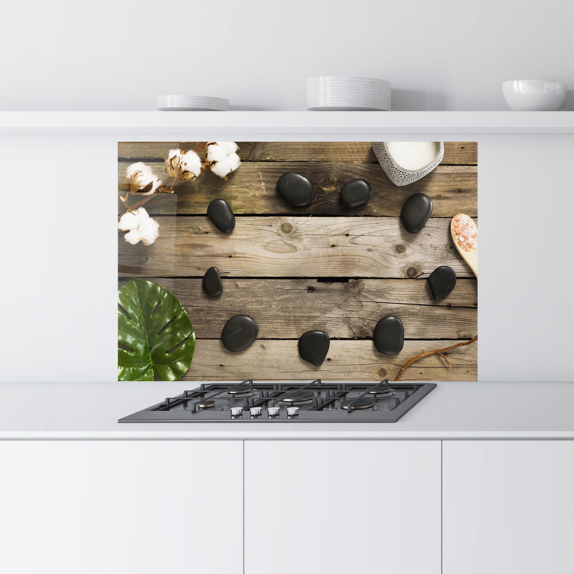 Küchenrückwand Glas Cotton Flowers Stones mockup 9
