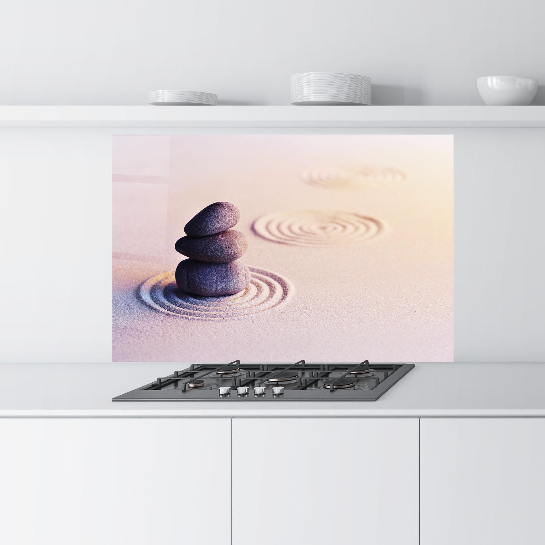 Küchenrückwand Glas Meditation Stones Sand mockup 9
