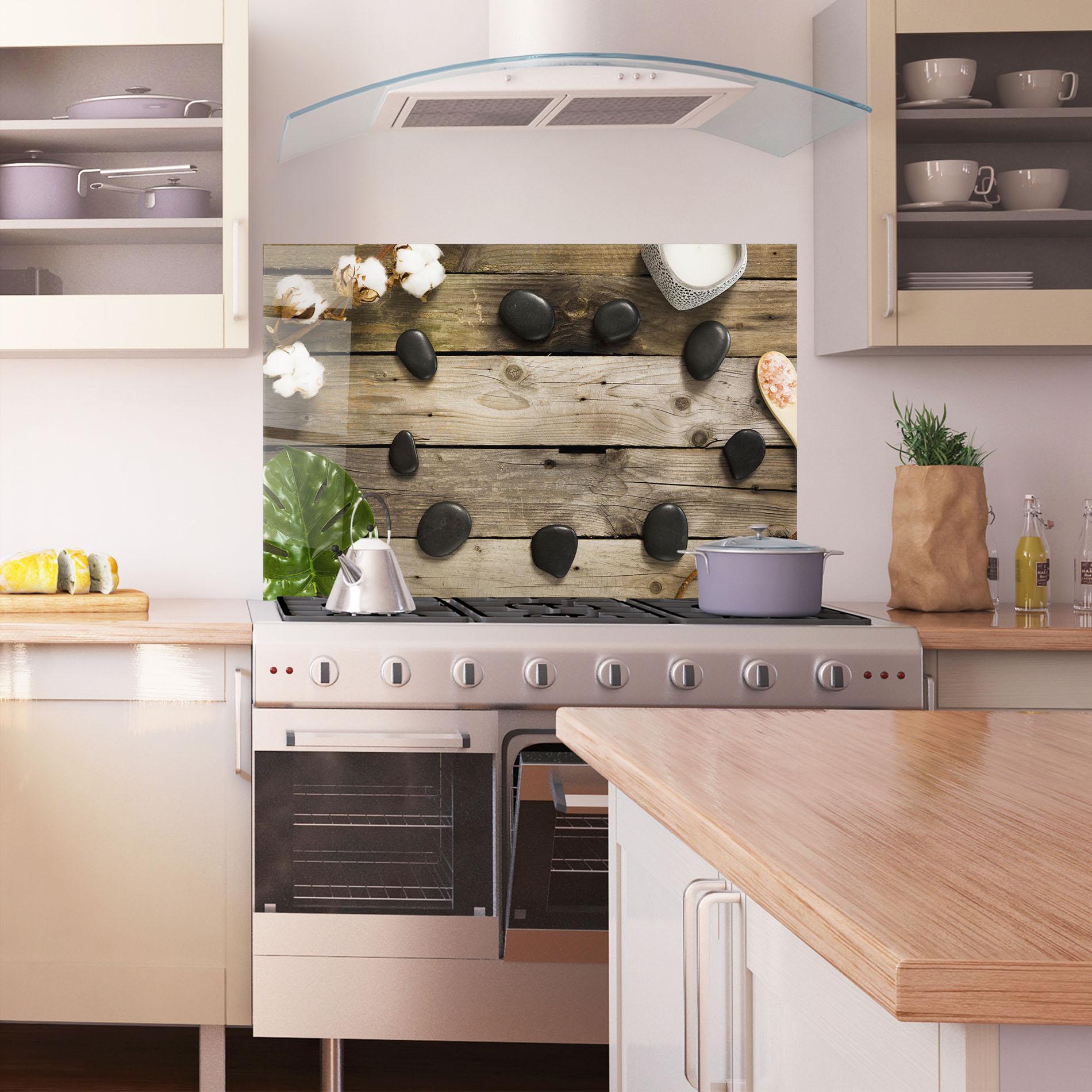 Küchenrückwand Glas Cotton Flowers Stones mockup 1