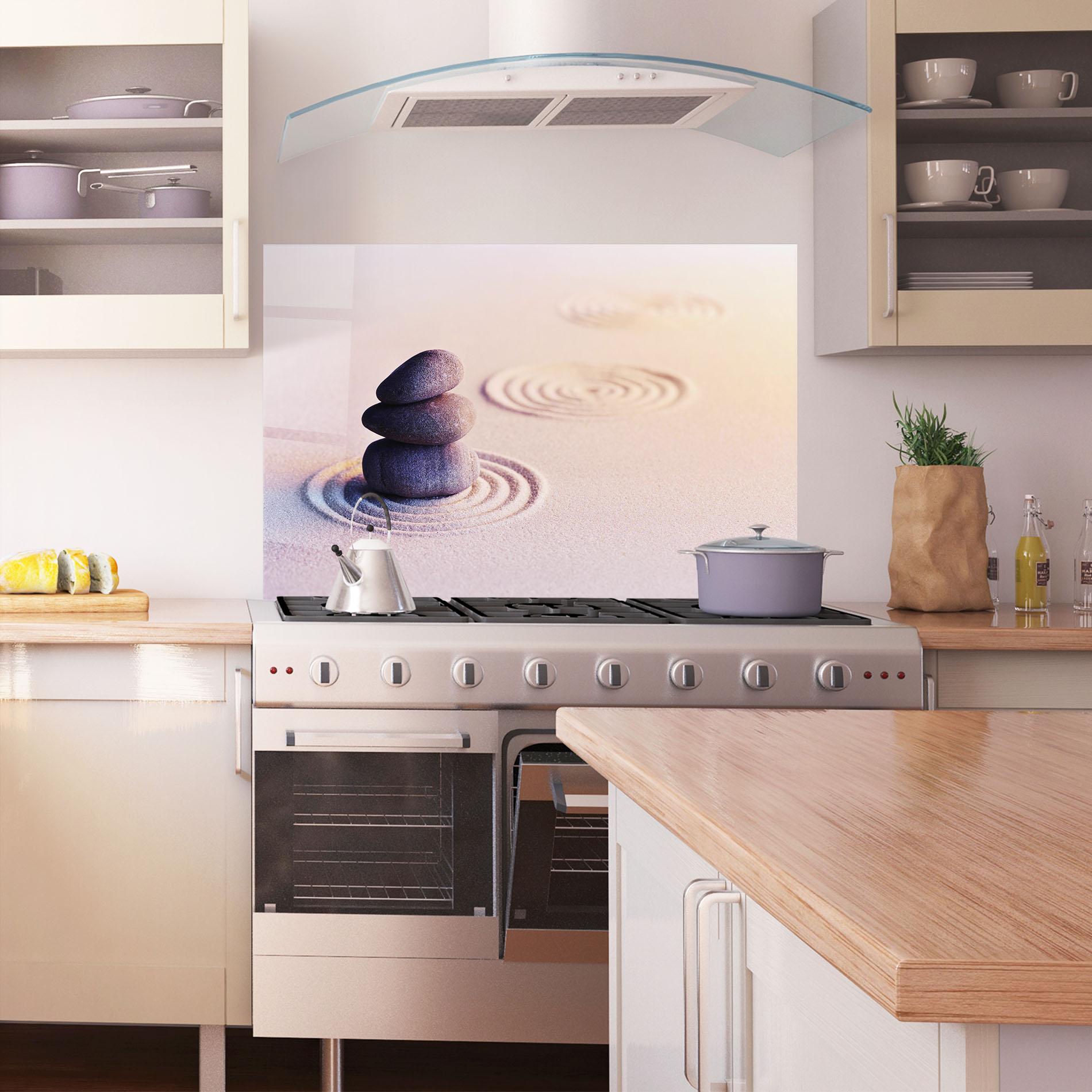 Küchenrückwand Glas Meditation Stones Sand mockup 1