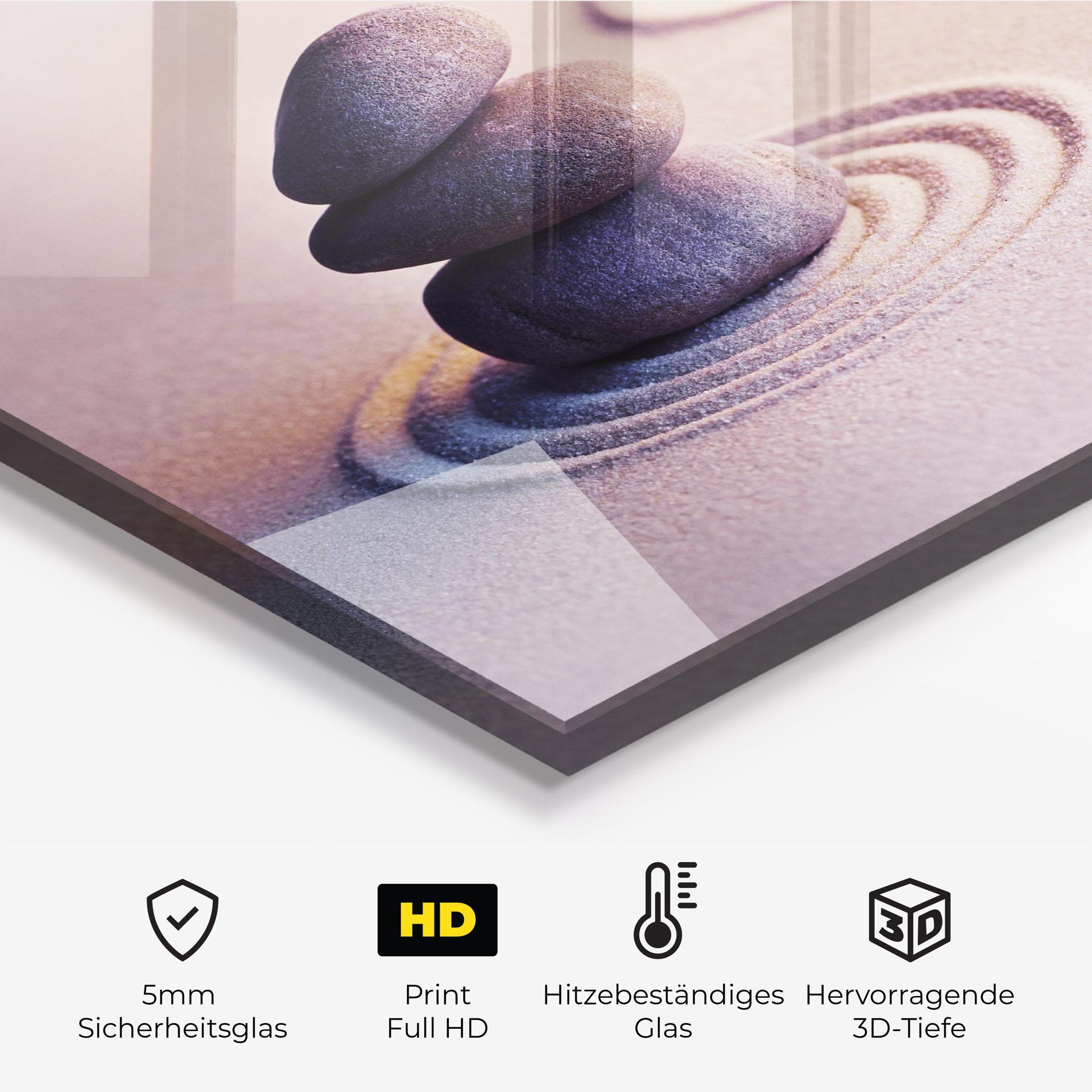 Küchenrückwand Glas Meditation Stones Sand mockup 2