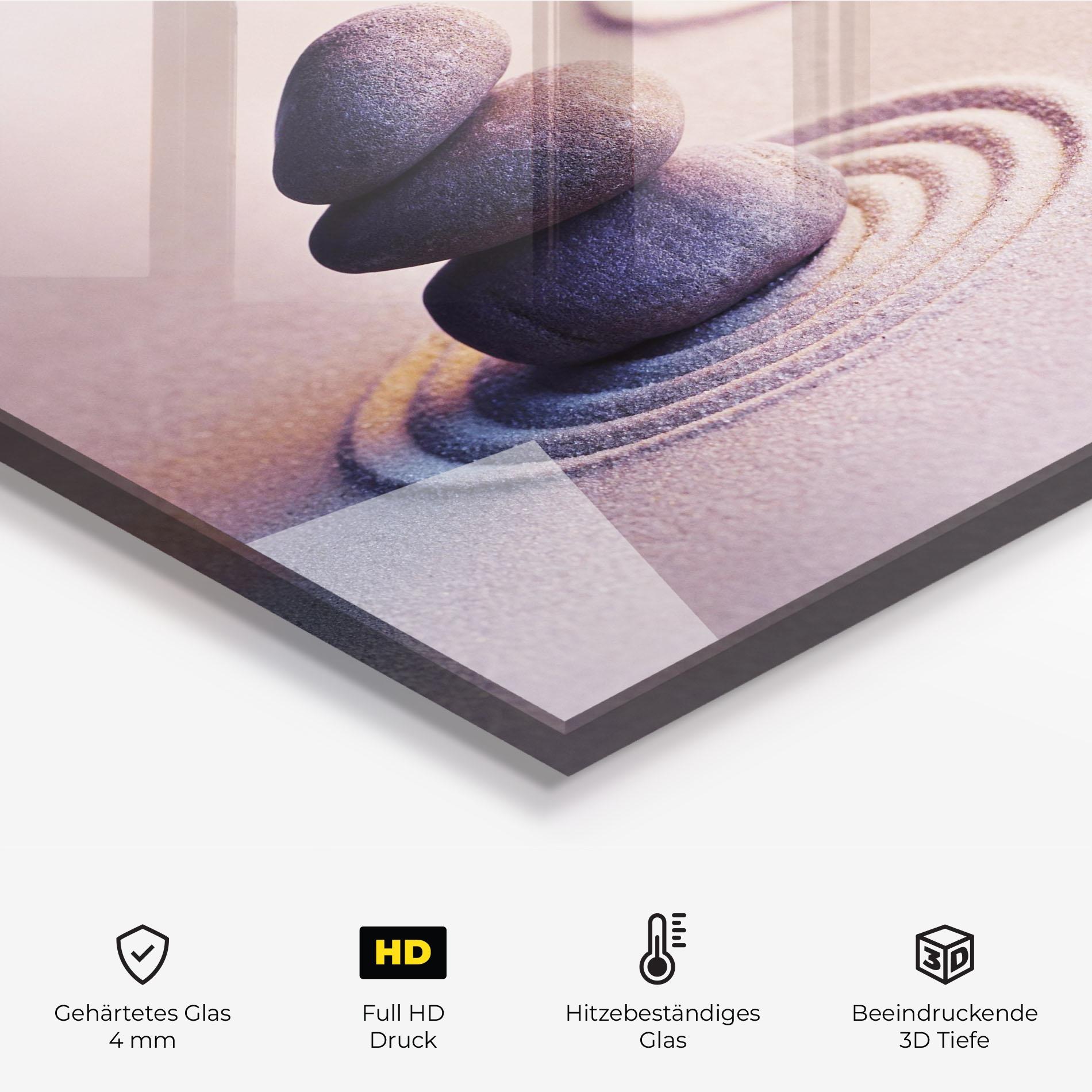 Küchenrückwand Glas Meditation Stones Sand mockup 2