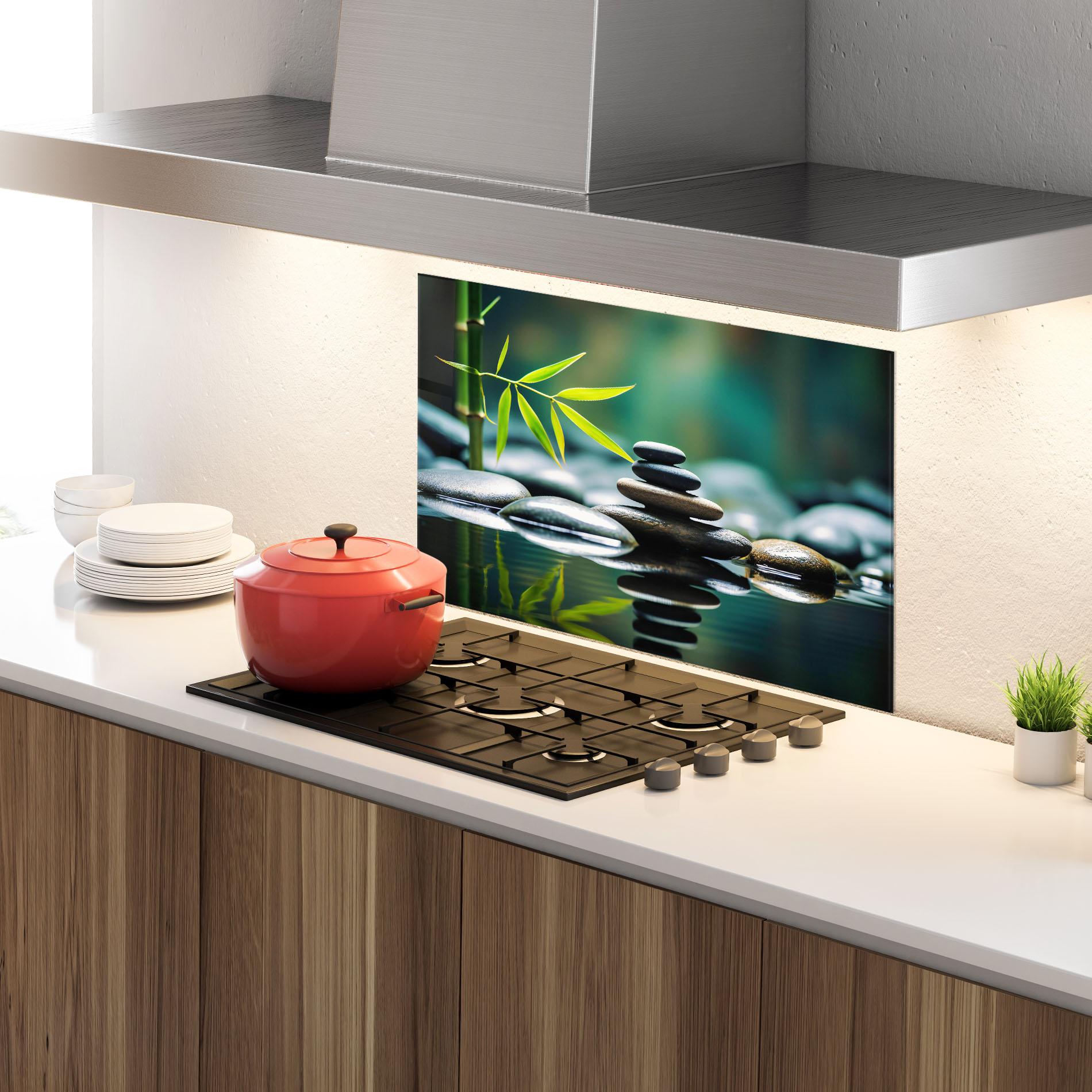Küchenrückwand Glas Bamboo Stones mockup 4