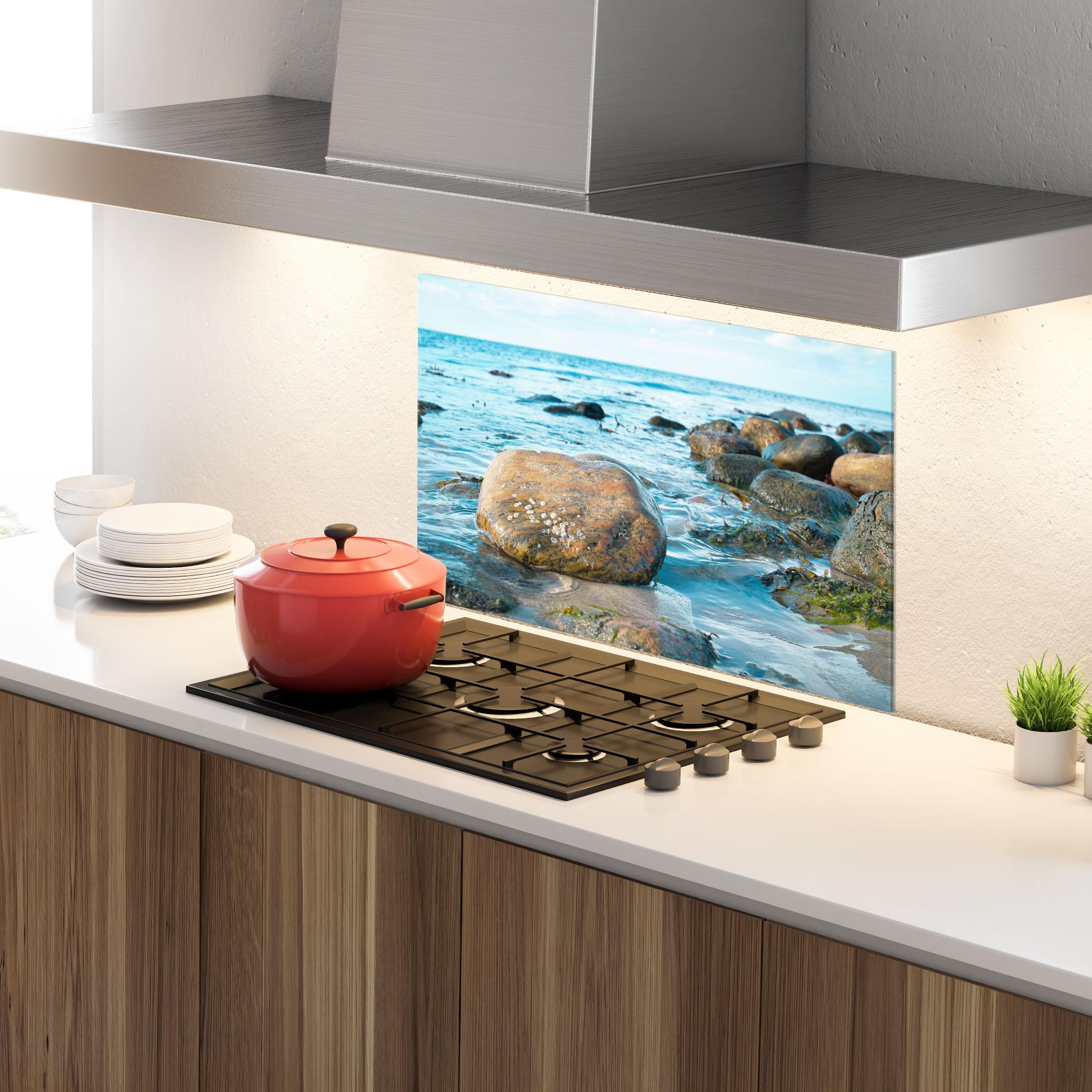 Küchenrückwand Glas Beach Stones mockup 4