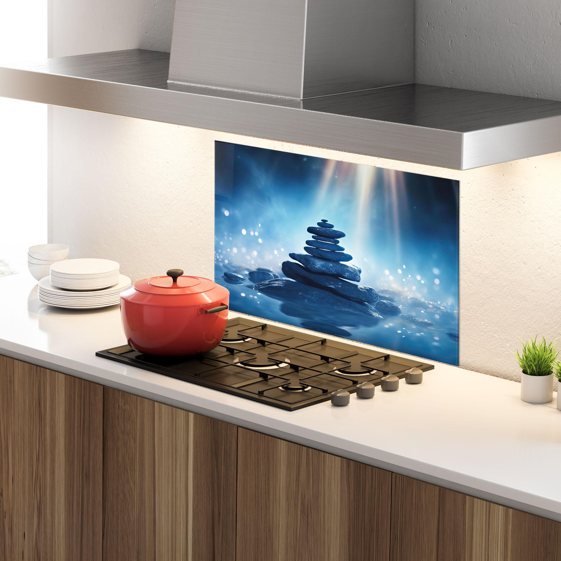 Küchenrückwand Glas Blue Light Stone mockup 4