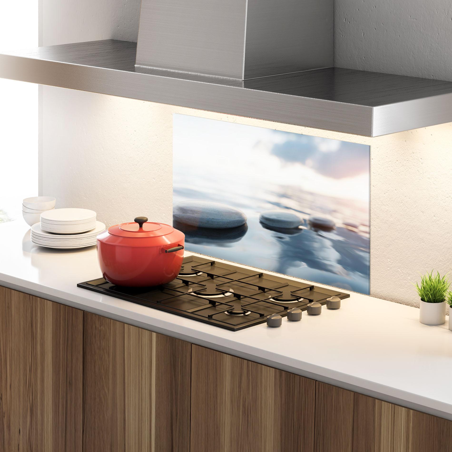 Küchenrückwand Glas Calm Water Stone mockup 4