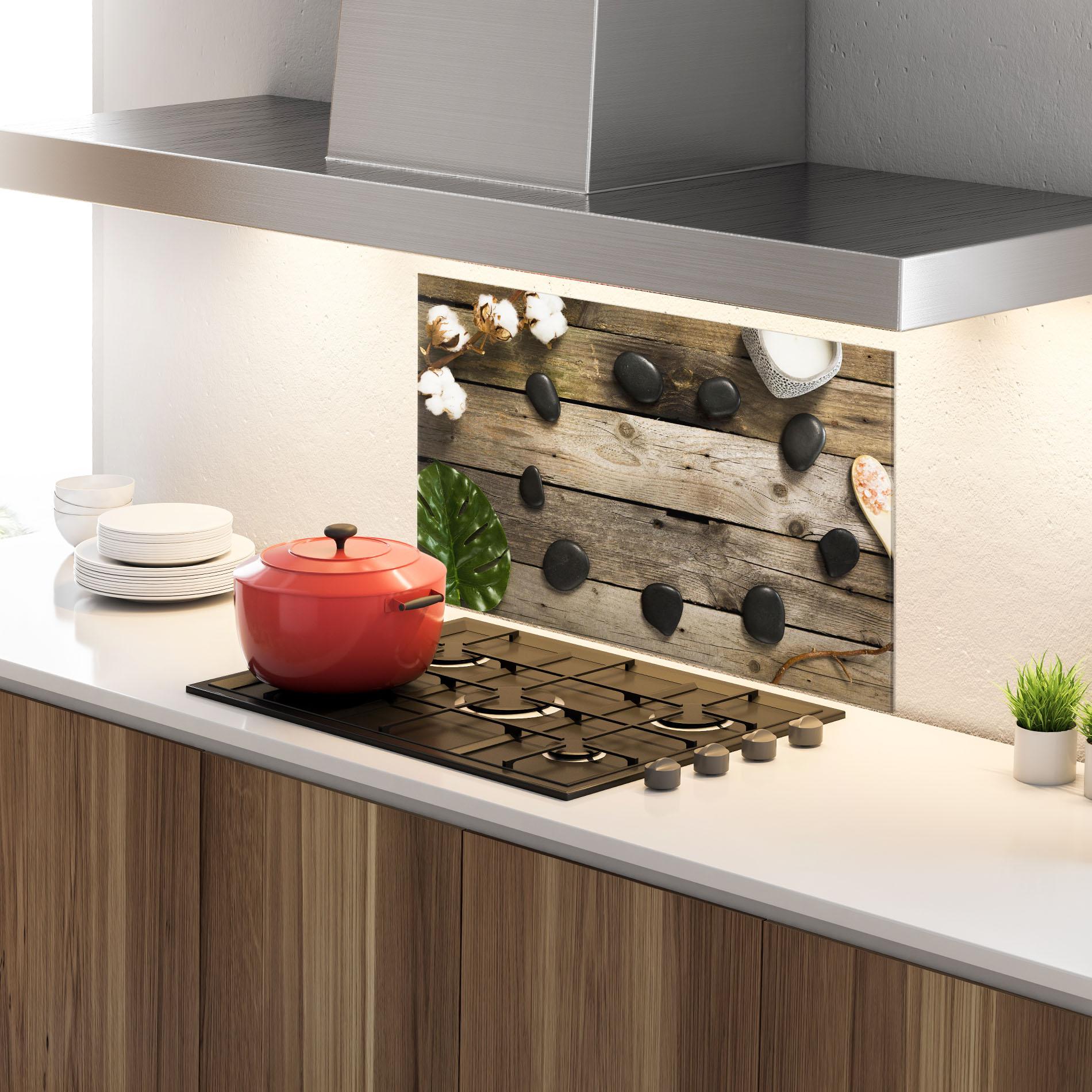 Küchenrückwand Glas Cotton Flowers Stones mockup 4