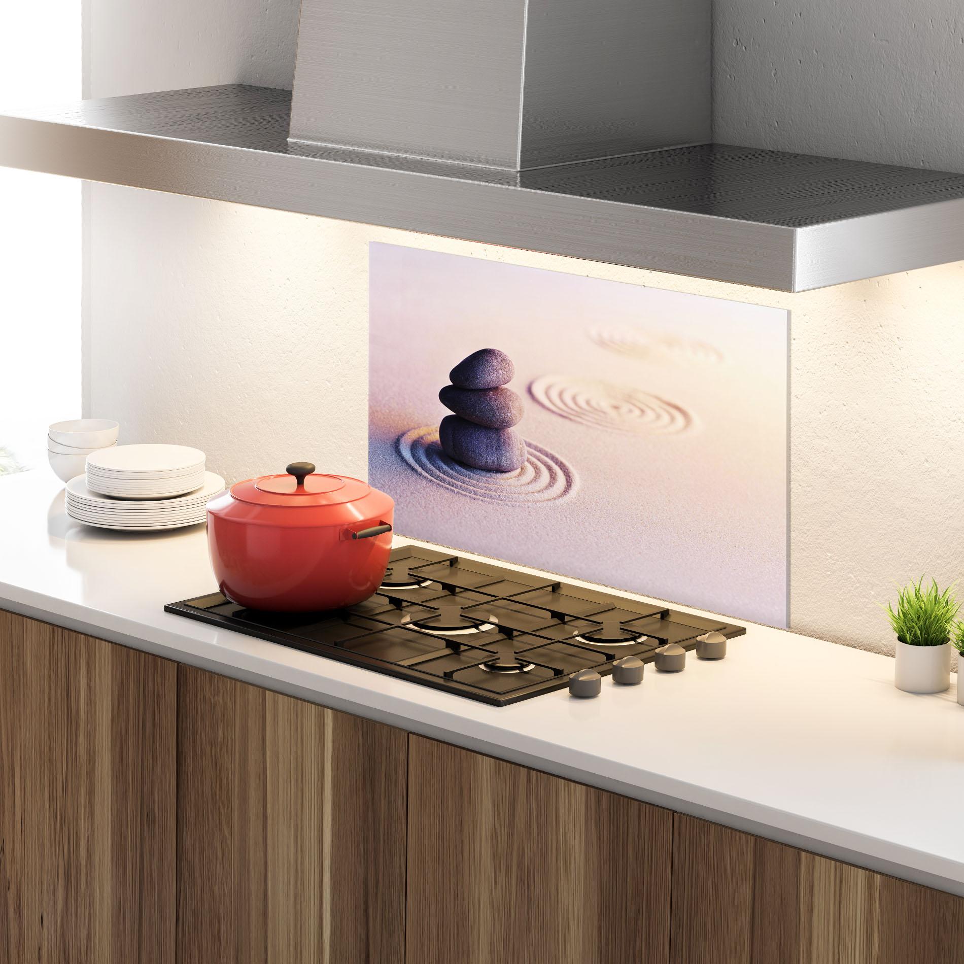 Küchenrückwand Glas Meditation Stones Sand mockup 4