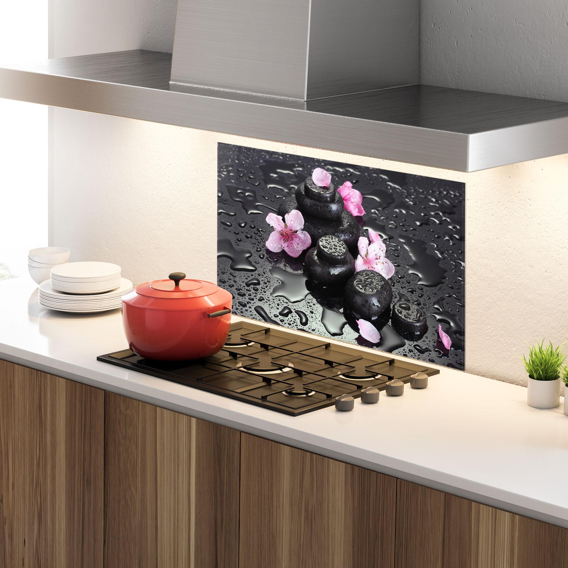Küchenrückwand Glas Pretty Flower Stones mockup 4