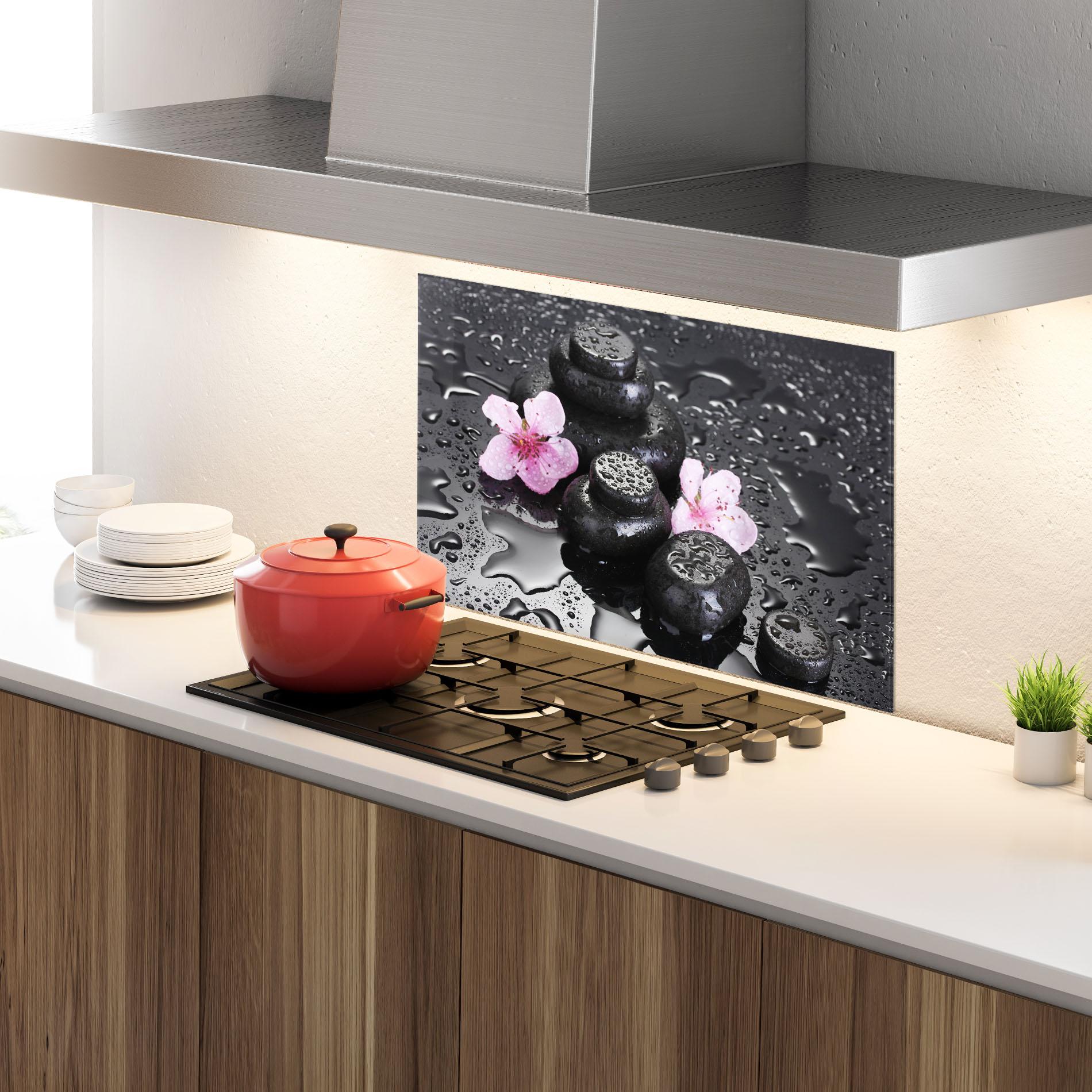 Küchenrückwand Glas Sakura Stones mockup 4