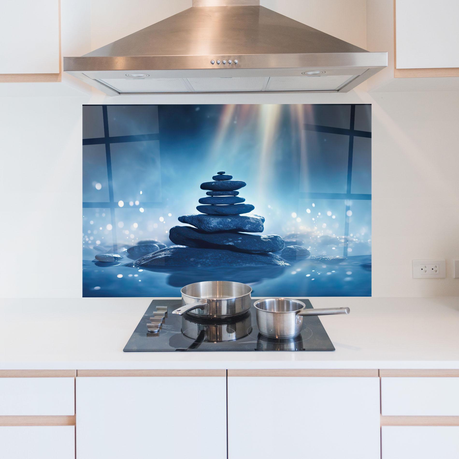 Küchenrückwand Glas Blue Light Stone mockup 5