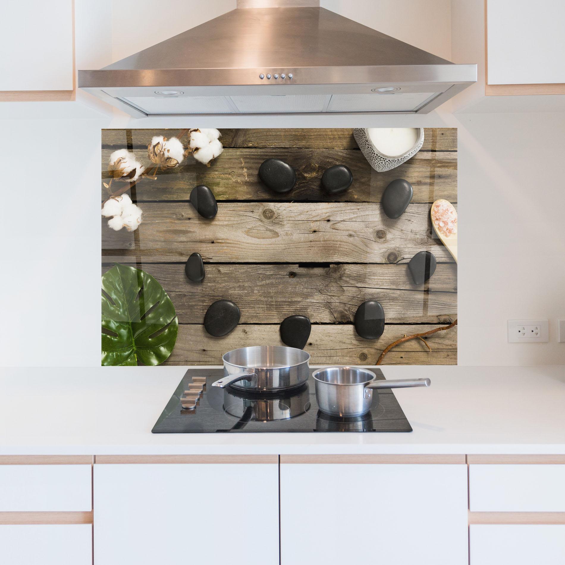 Küchenrückwand Glas Cotton Flowers Stones mockup 5
