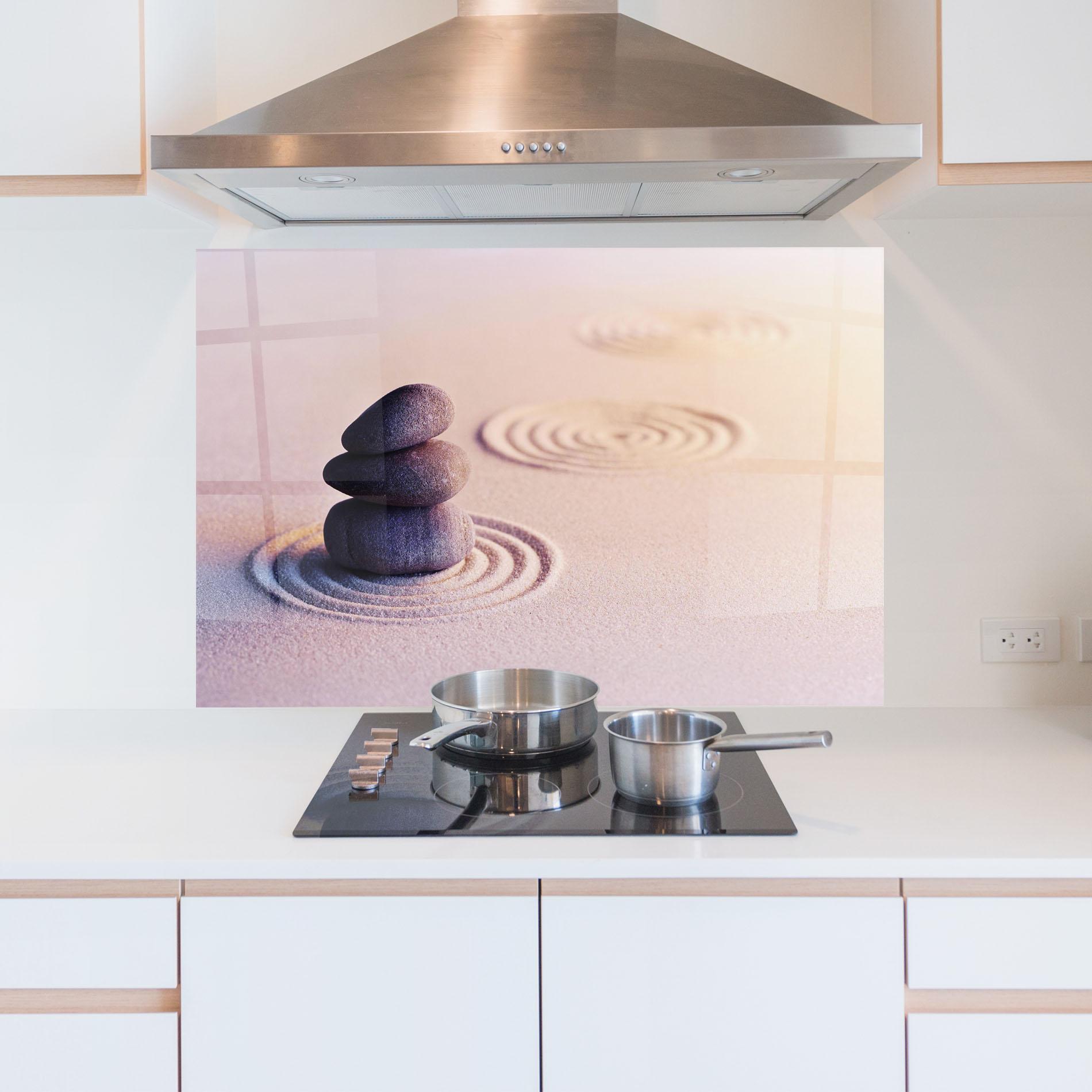 Küchenrückwand Glas Meditation Stones Sand mockup 5