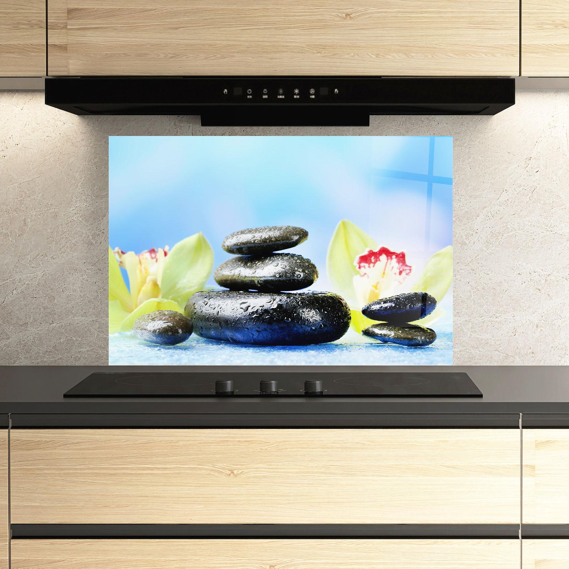 Küchenrückwand Glas Blooming Orchid Stone mockup 3