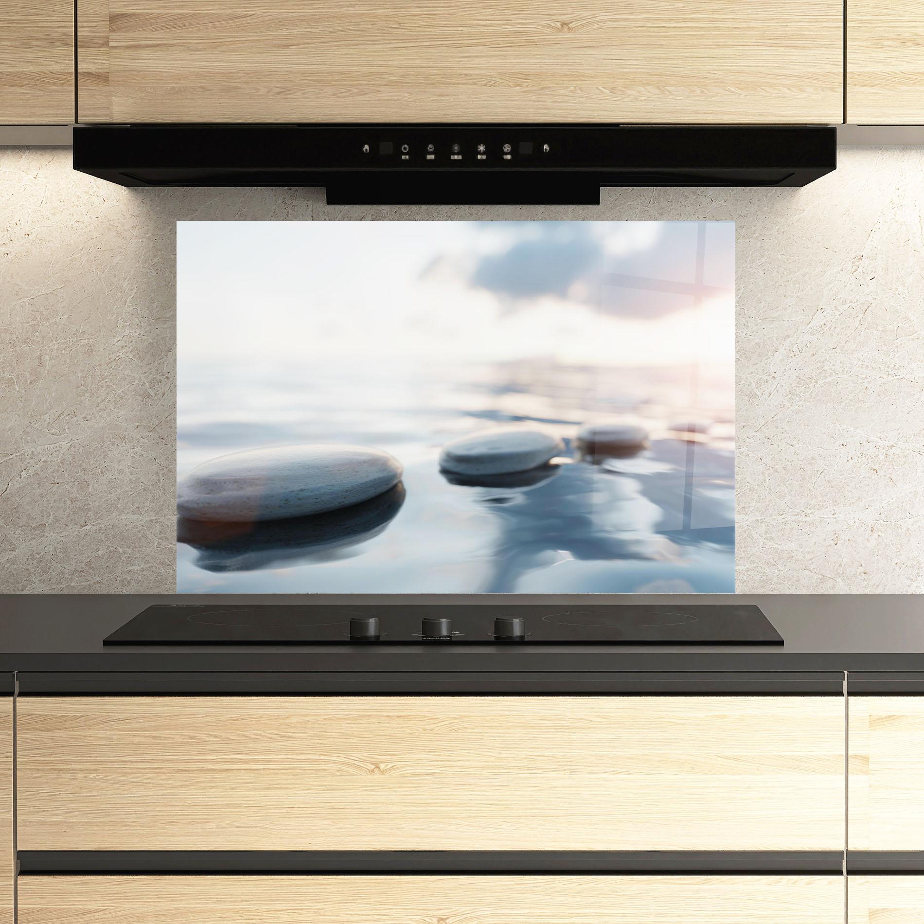 Küchenrückwand Glas Calm Water Stone mockup 3