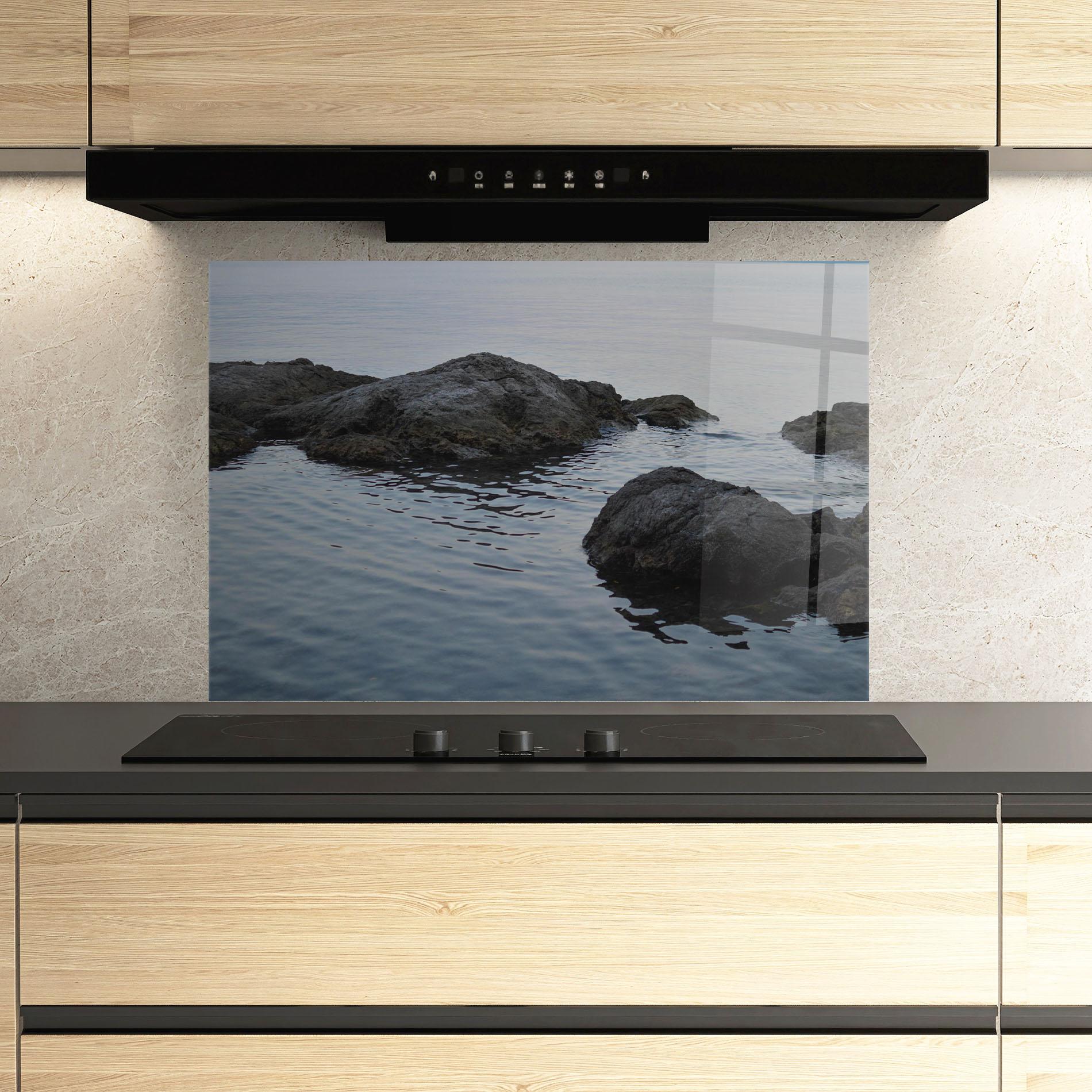 Küchenrückwand Glas Calm Water Stones mockup 3