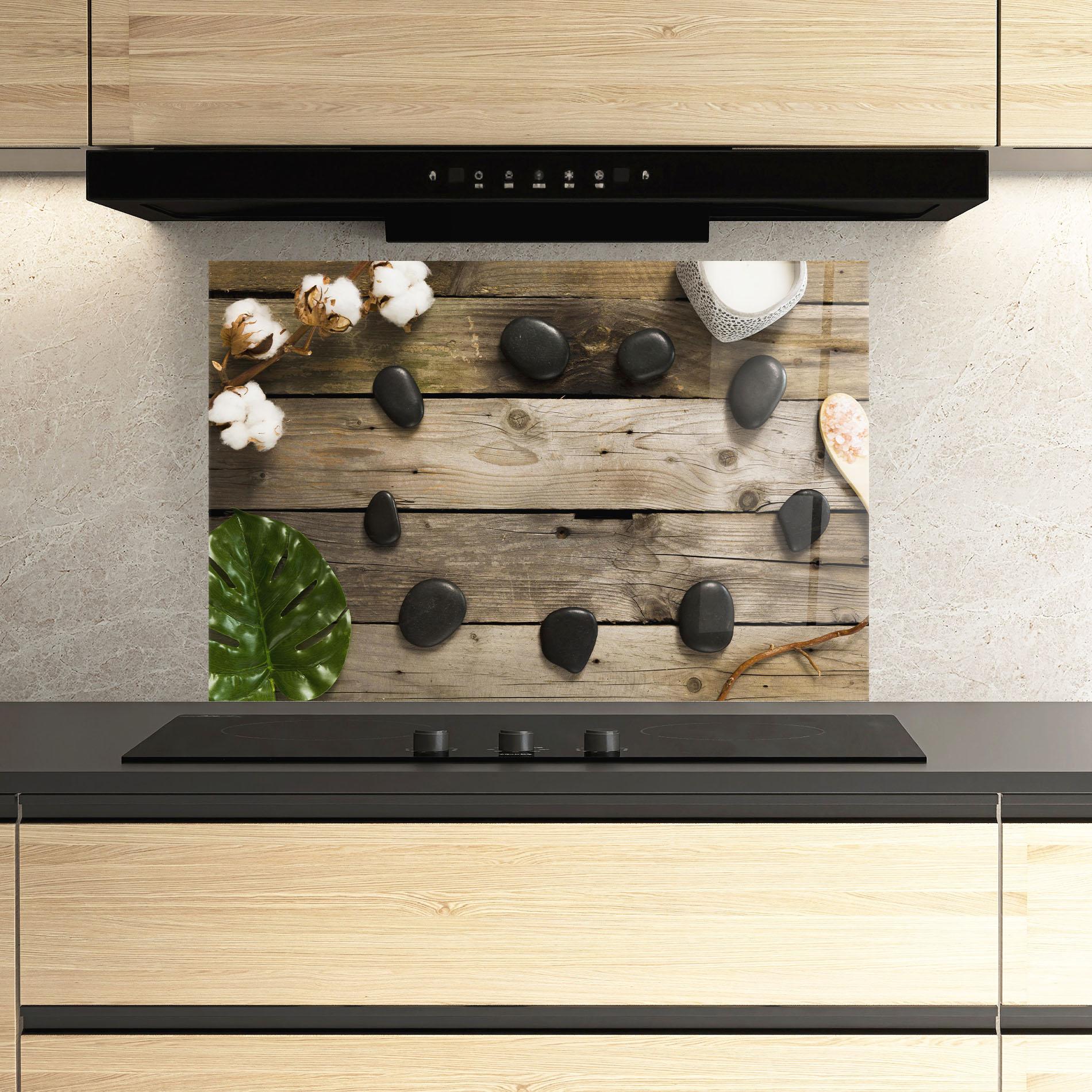Küchenrückwand Glas Cotton Flowers Stones mockup 3