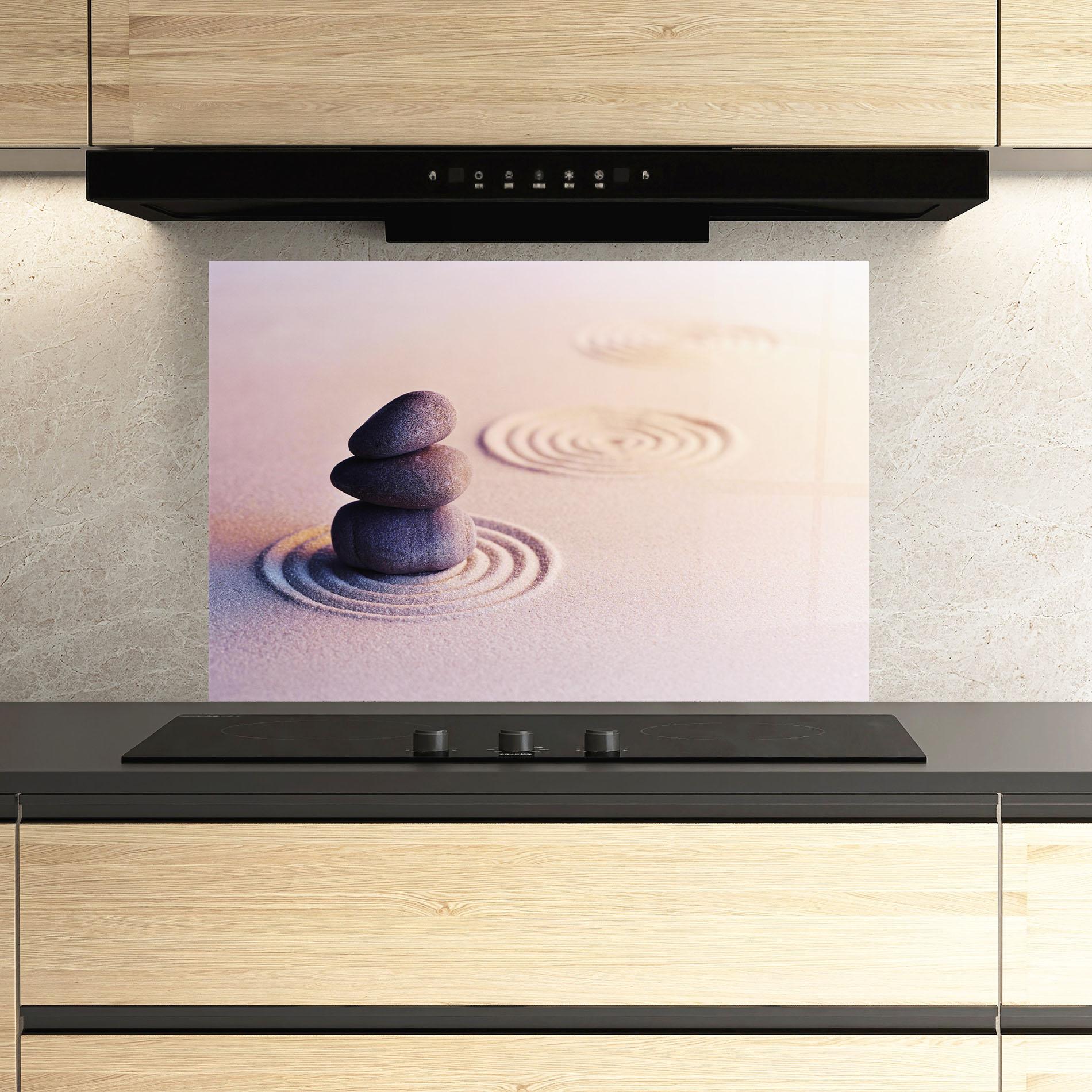 Küchenrückwand Glas Meditation Stones Sand mockup 3
