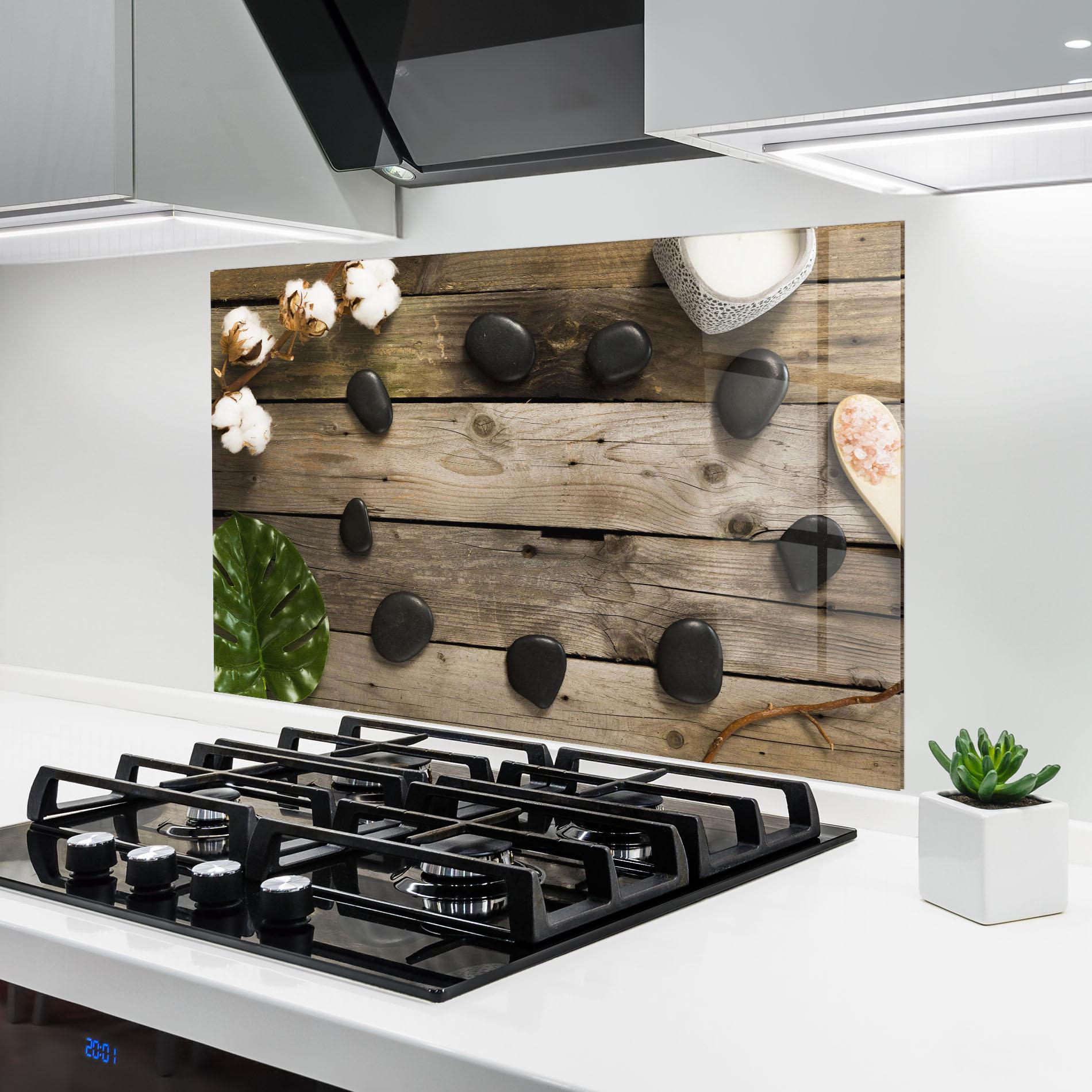 Küchenrückwand Glas Cotton Flowers Stones mockup 6