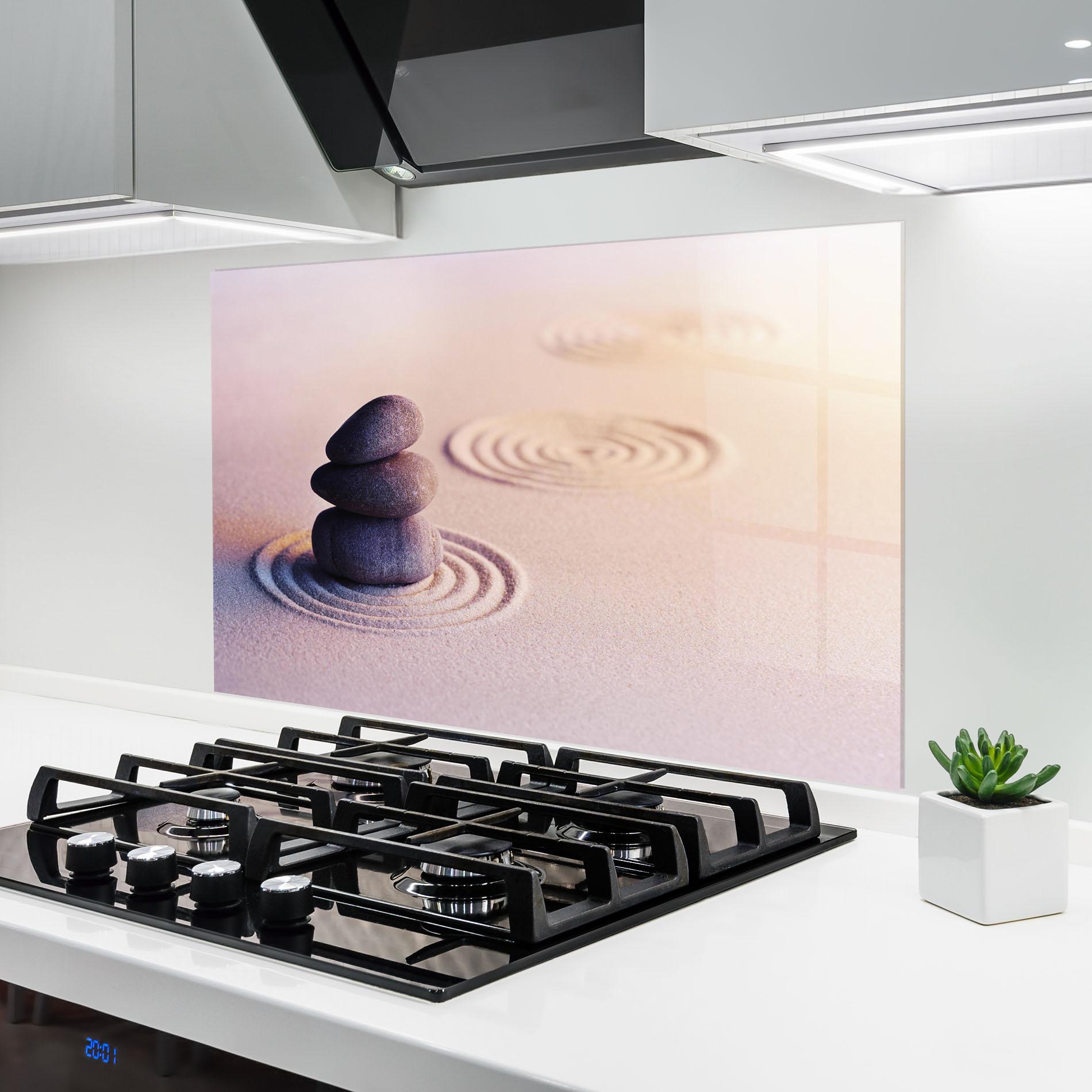 Küchenrückwand Glas Meditation Stones Sand mockup 6