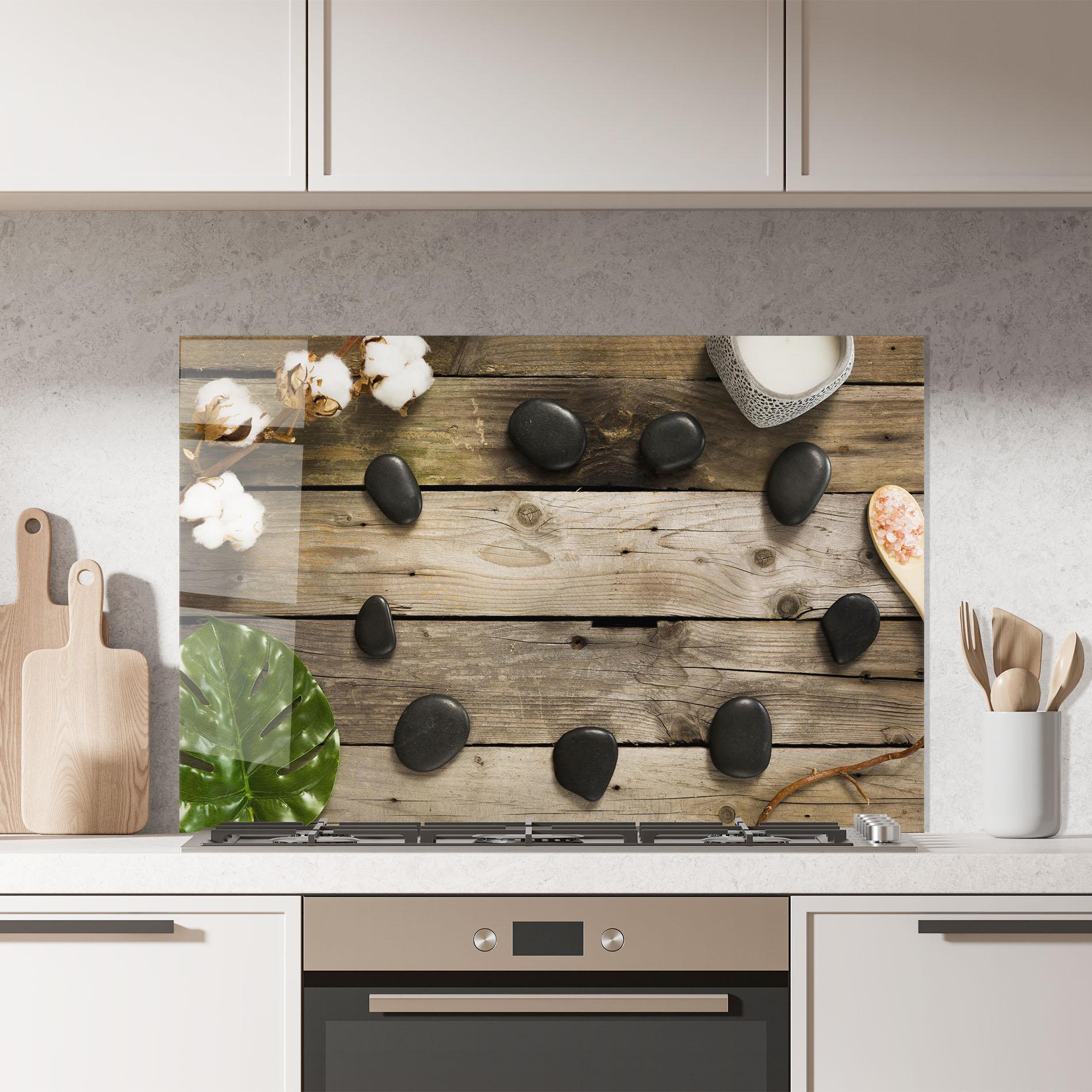Küchenrückwand Glas Cotton Flowers Stones mockup 7