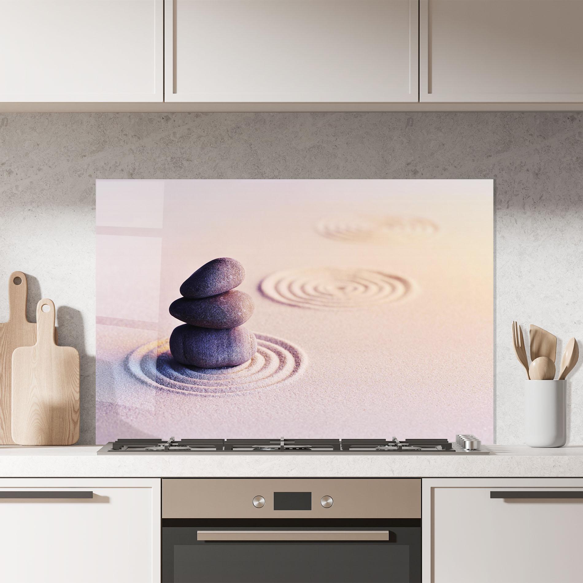 Küchenrückwand Glas Meditation Stones Sand mockup 7