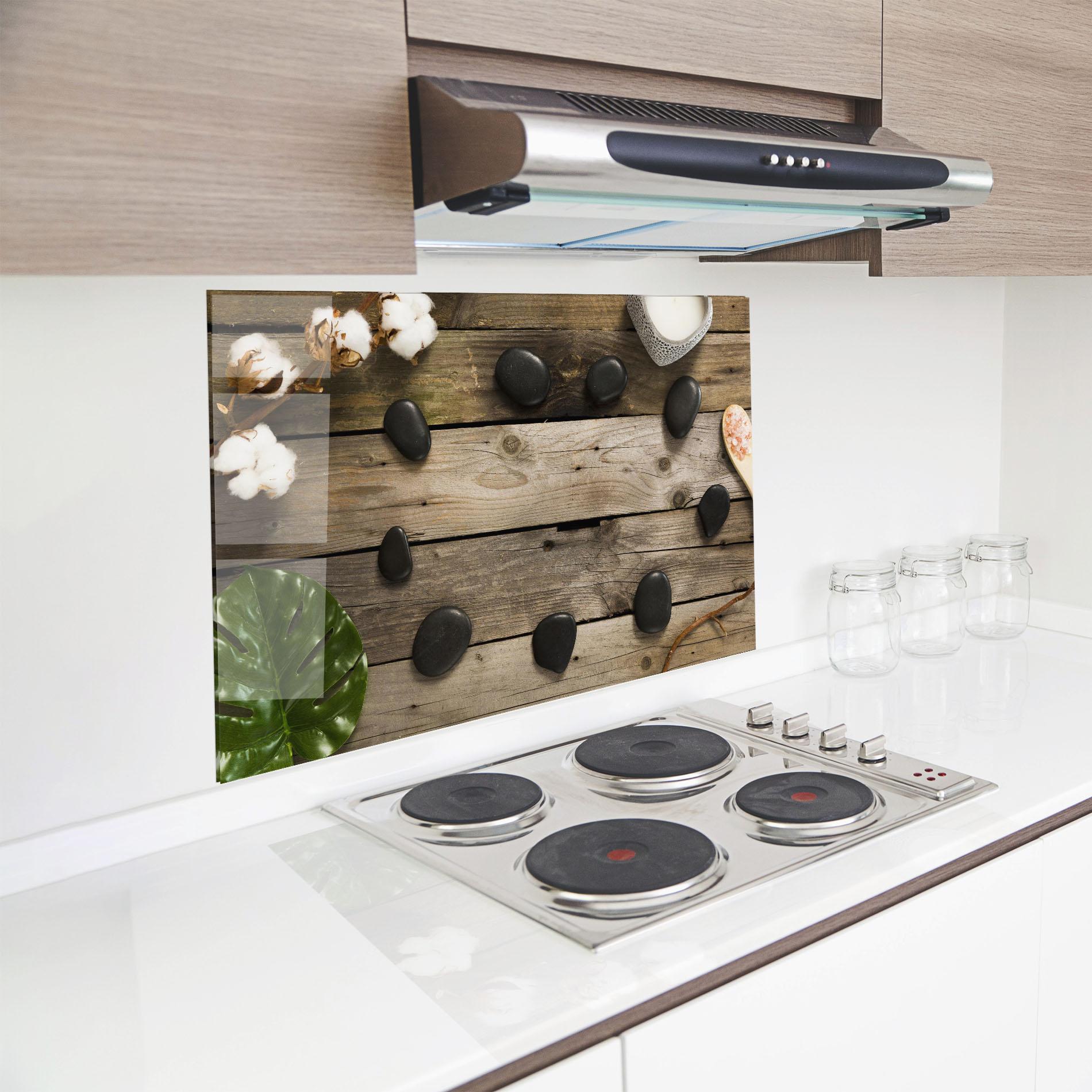 Küchenrückwand Glas Cotton Flowers Stones mockup 8