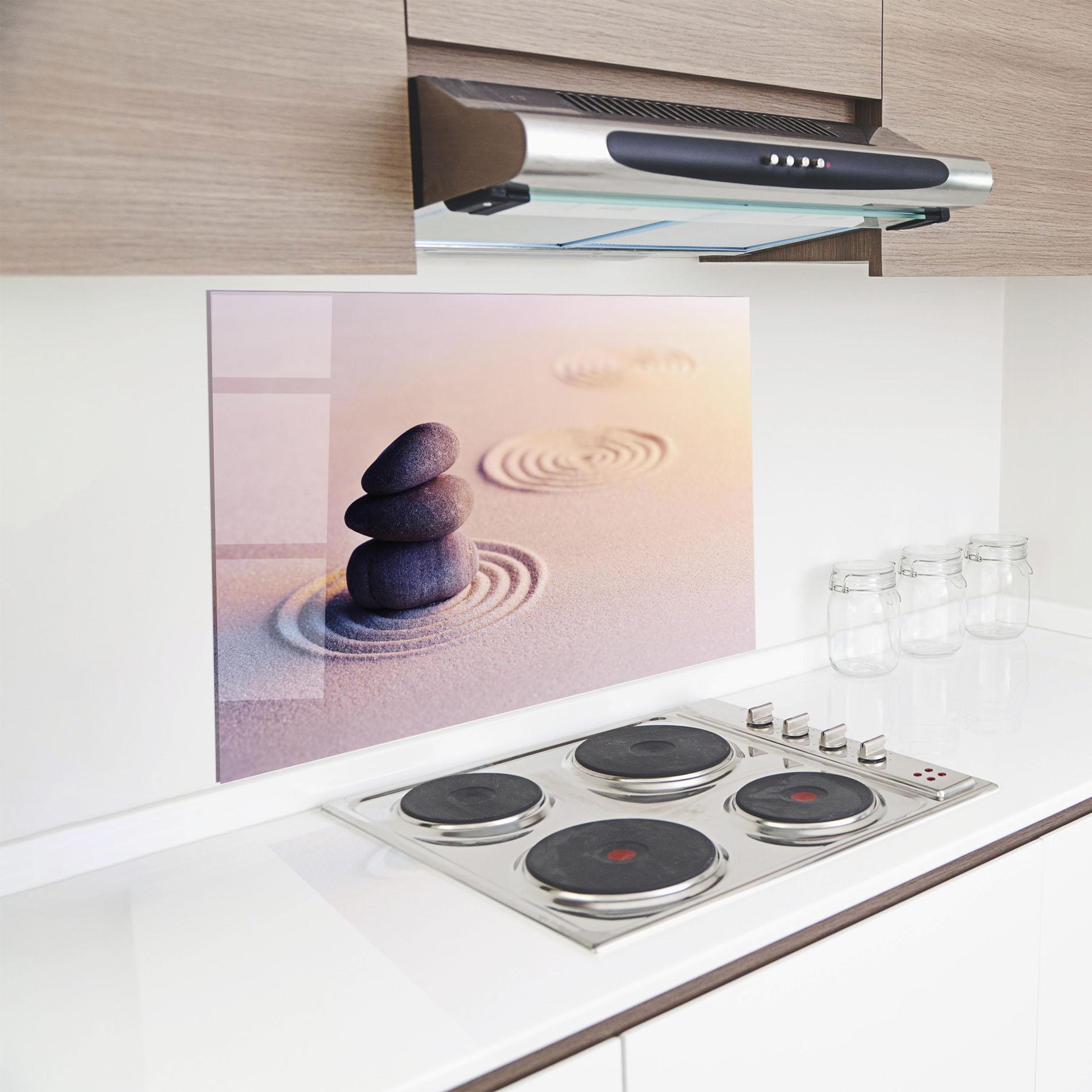 Küchenrückwand Glas Meditation Stones Sand mockup 8