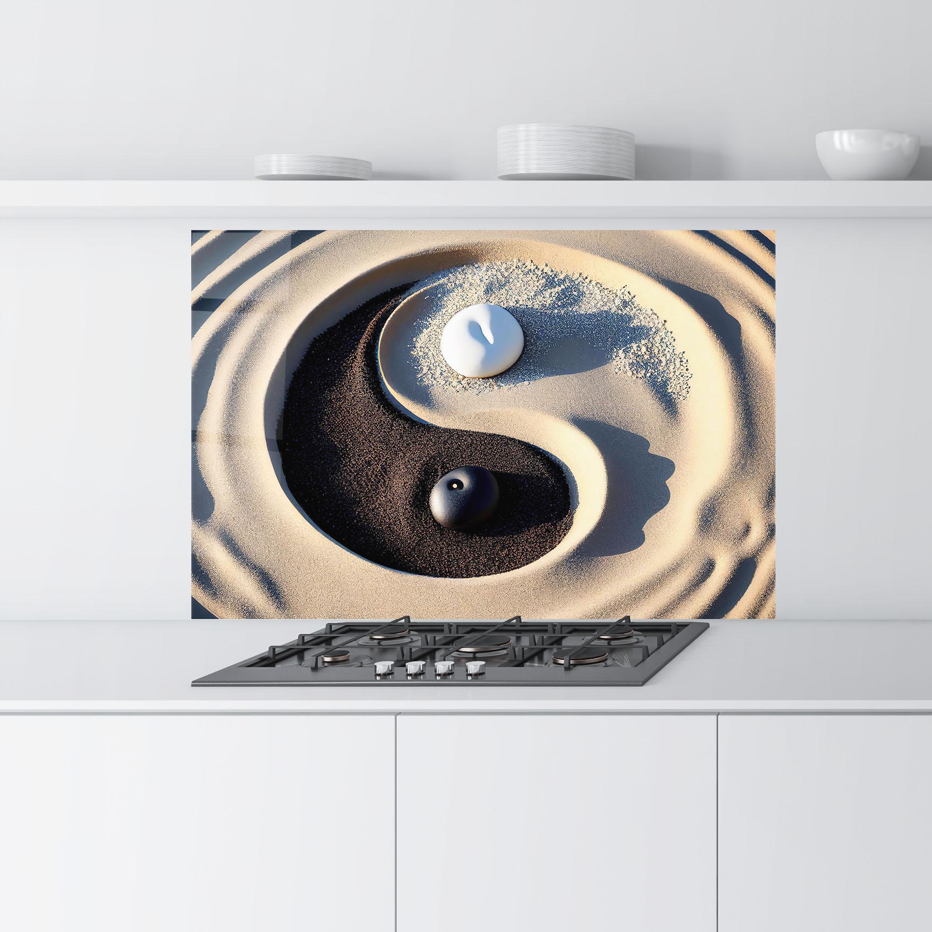 Küchenrückwand Glas Black Sand Yinyang mockup 9