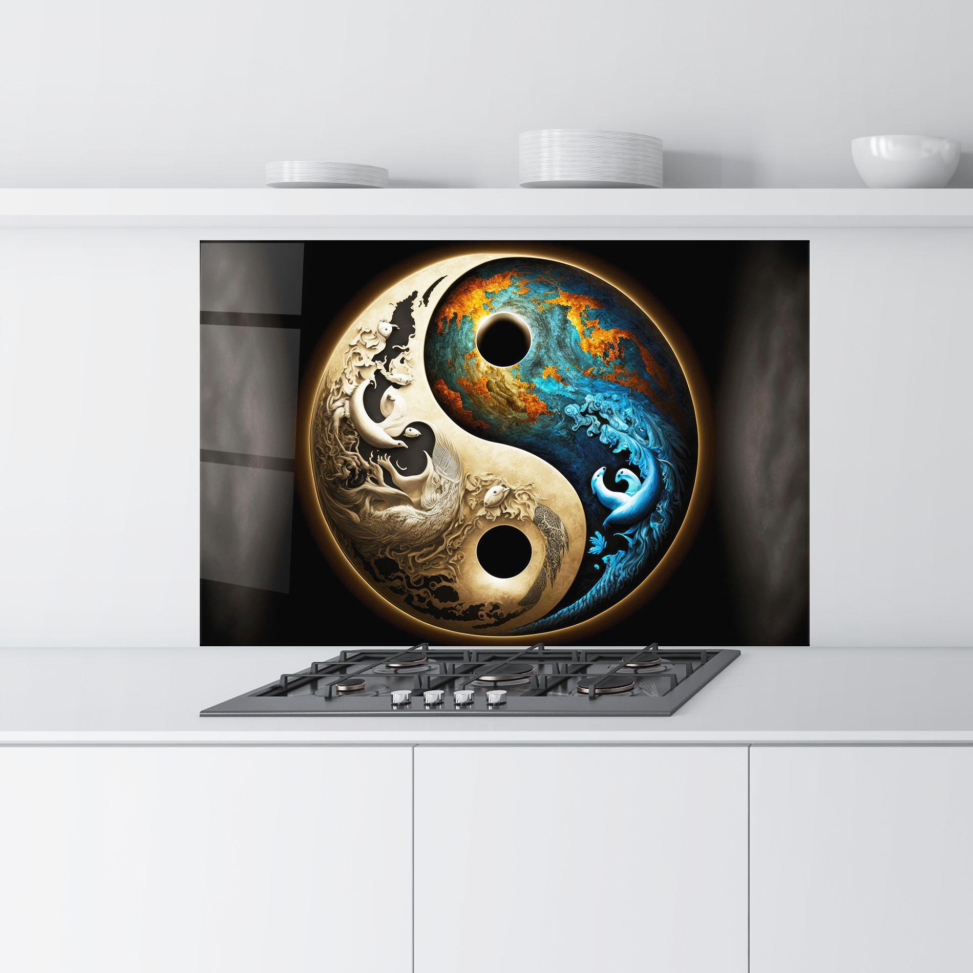 Küchenrückwand Glas Cream Blue Yinyang mockup 9