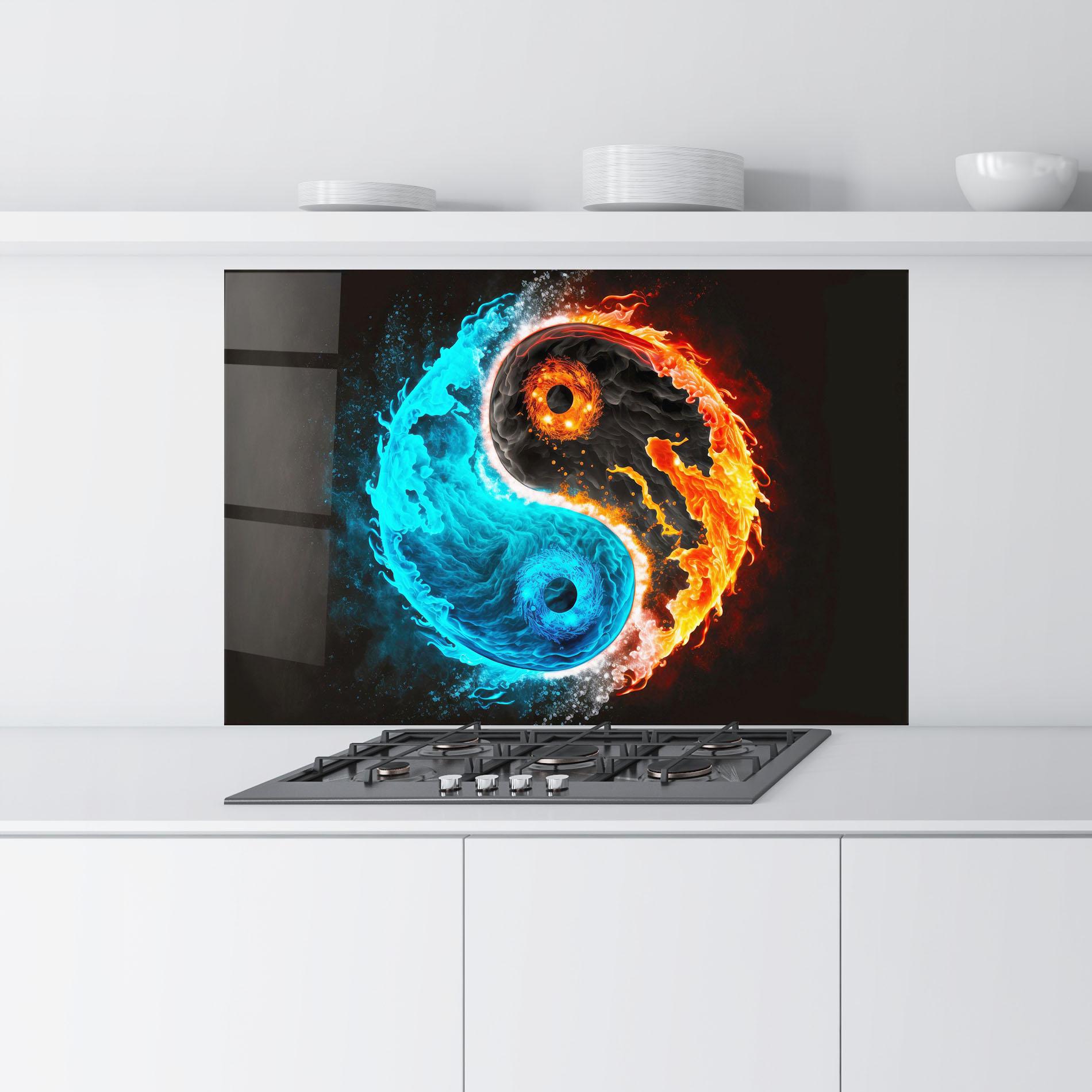 Küchenrückwand Glas Fire Yinyang Art mockup 9