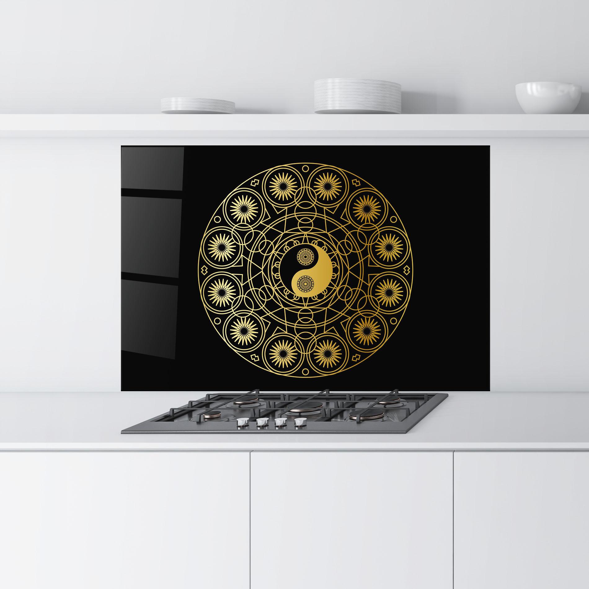 Küchenrückwand Glas Gold Meditation Mandala mockup 9