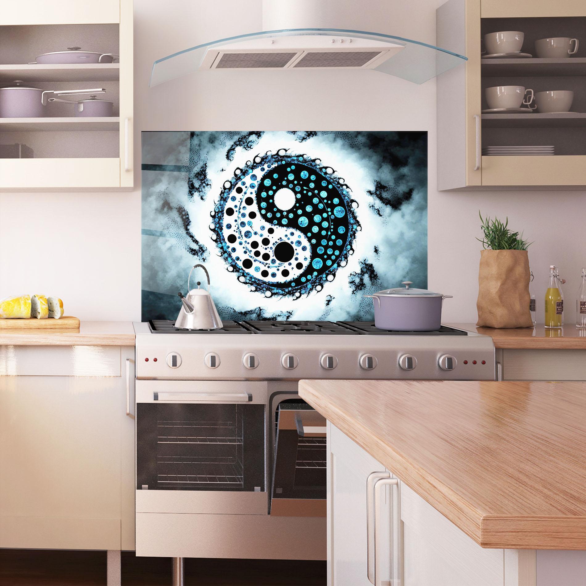 Küchenrückwand Glas Blue White Yinyang mockup 1