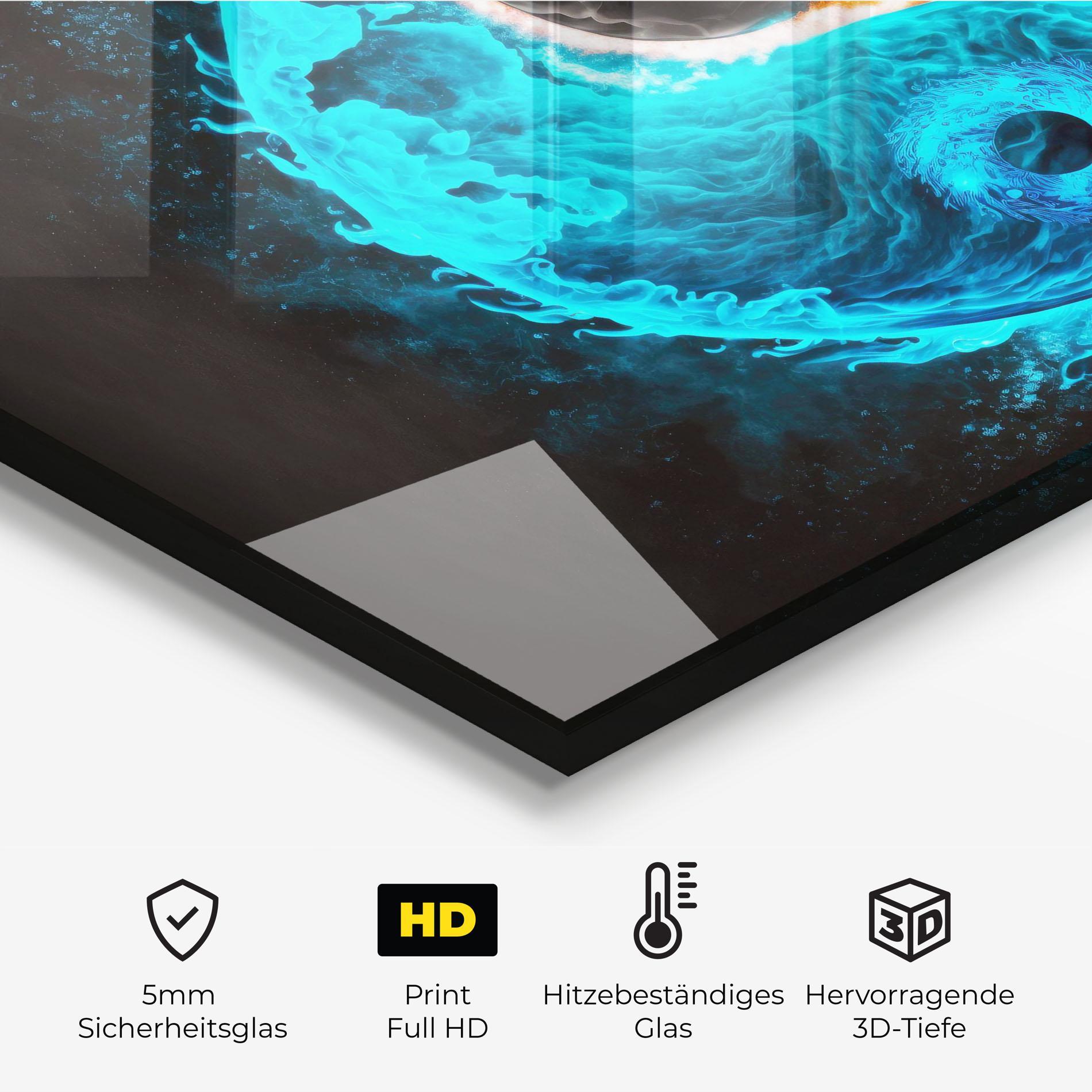 Küchenrückwand Glas Fire Yinyang Art mockup 2