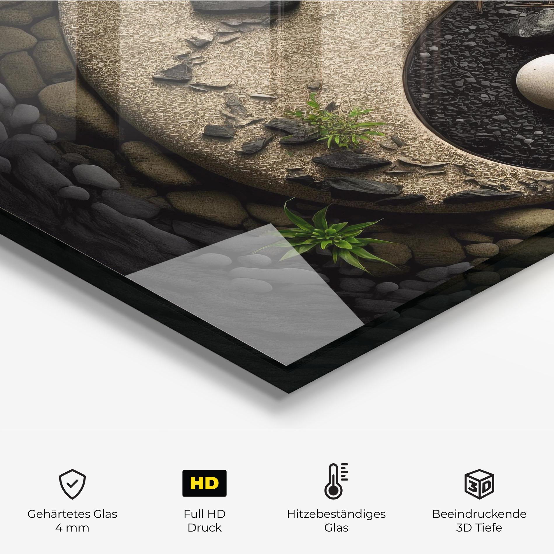 Küchenrückwand Glas Gray Pebbles Yinyang mockup 2