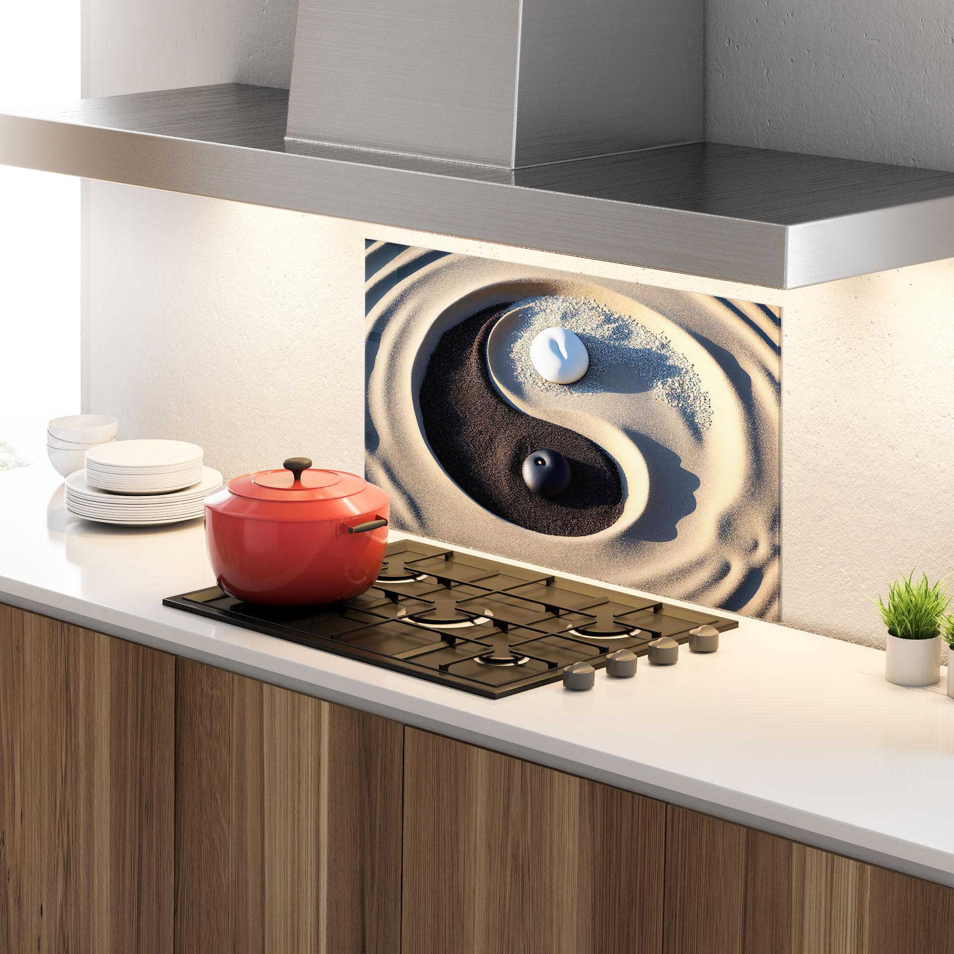 Küchenrückwand Glas Black Sand Yinyang mockup 4