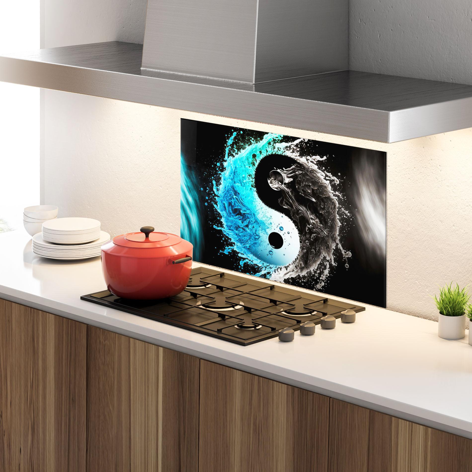 Küchenrückwand Glas Blue Black Yinyang mockup 4