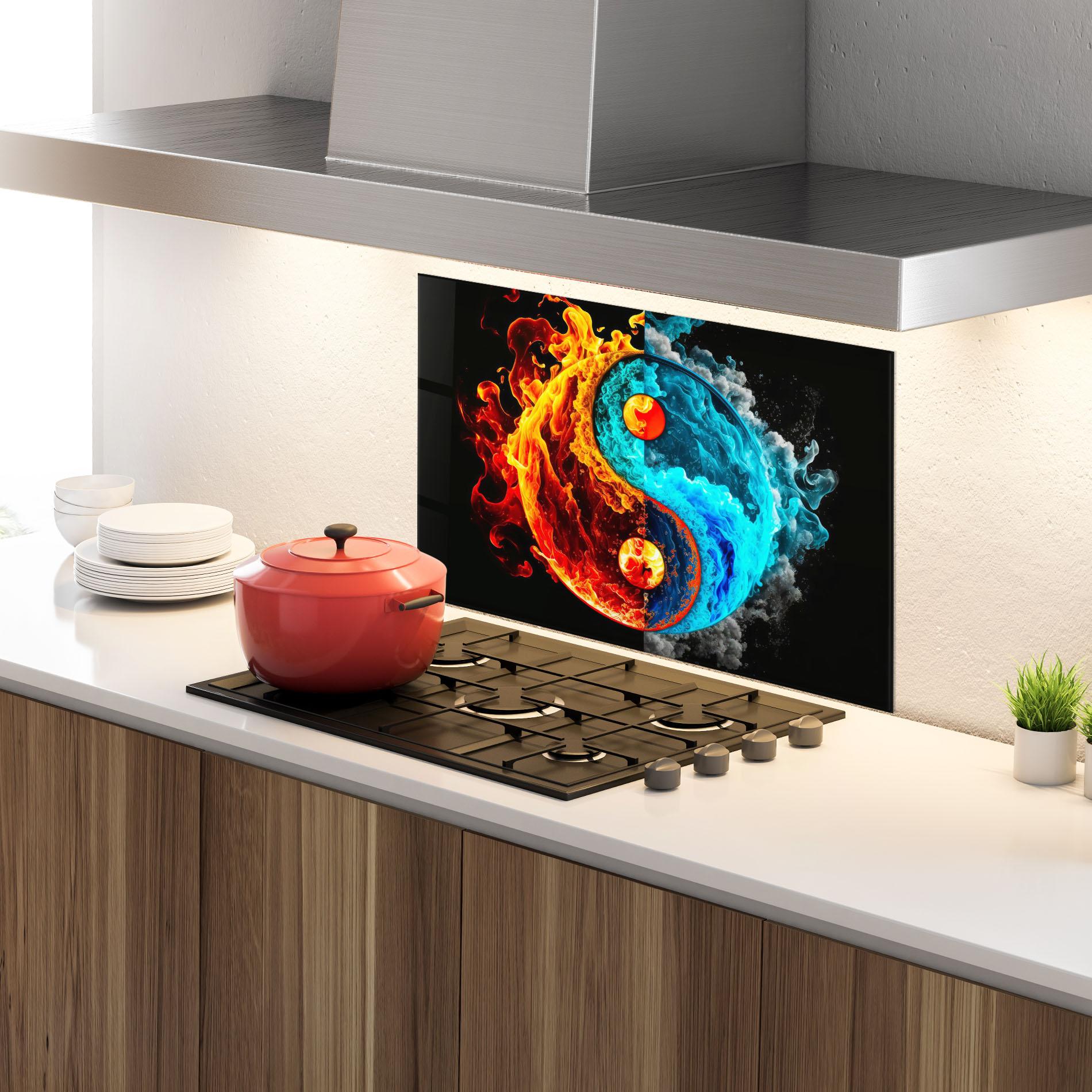 Küchenrückwand Glas Blue Smoke Yinyang mockup 4
