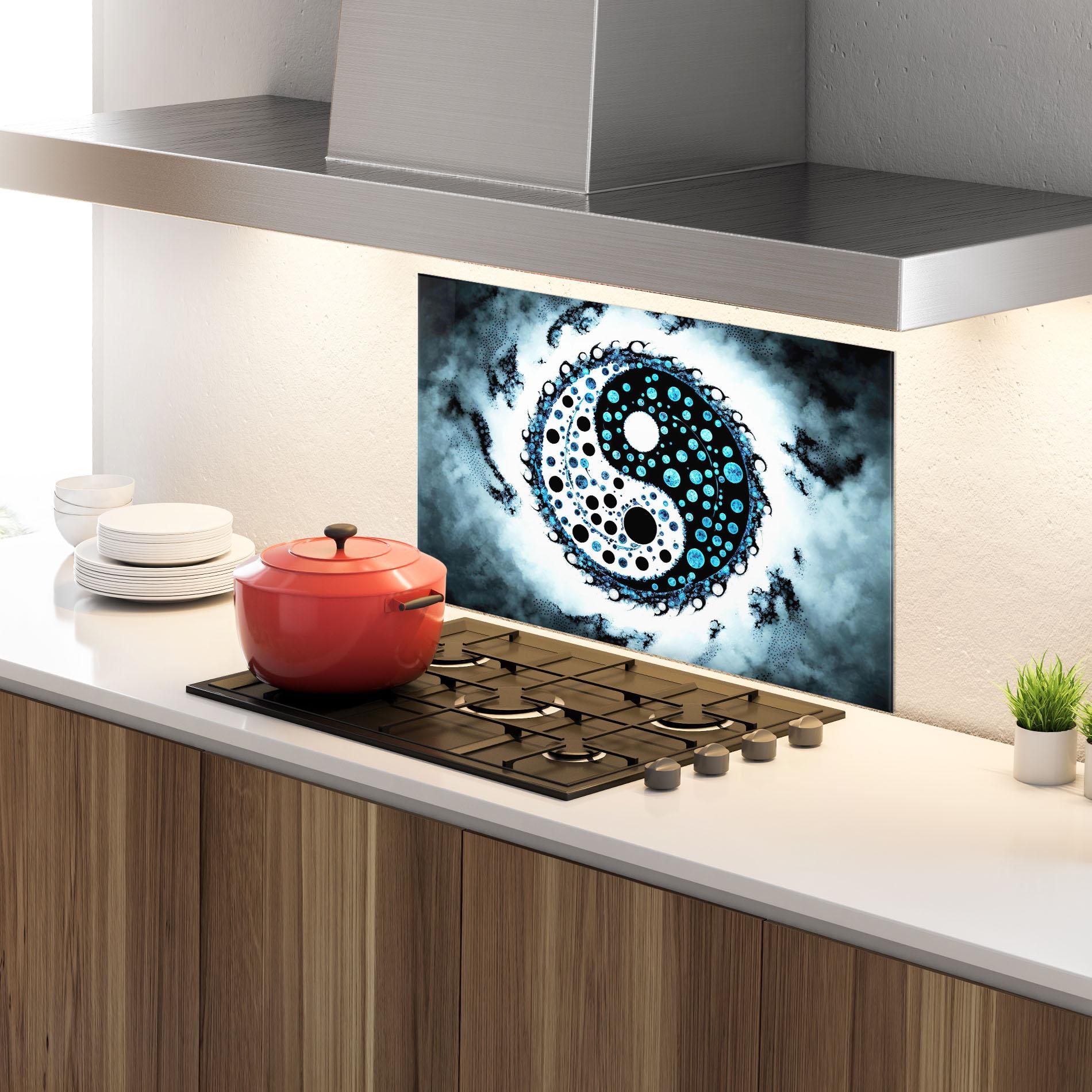 Küchenrückwand Glas Blue White Yinyang mockup 4