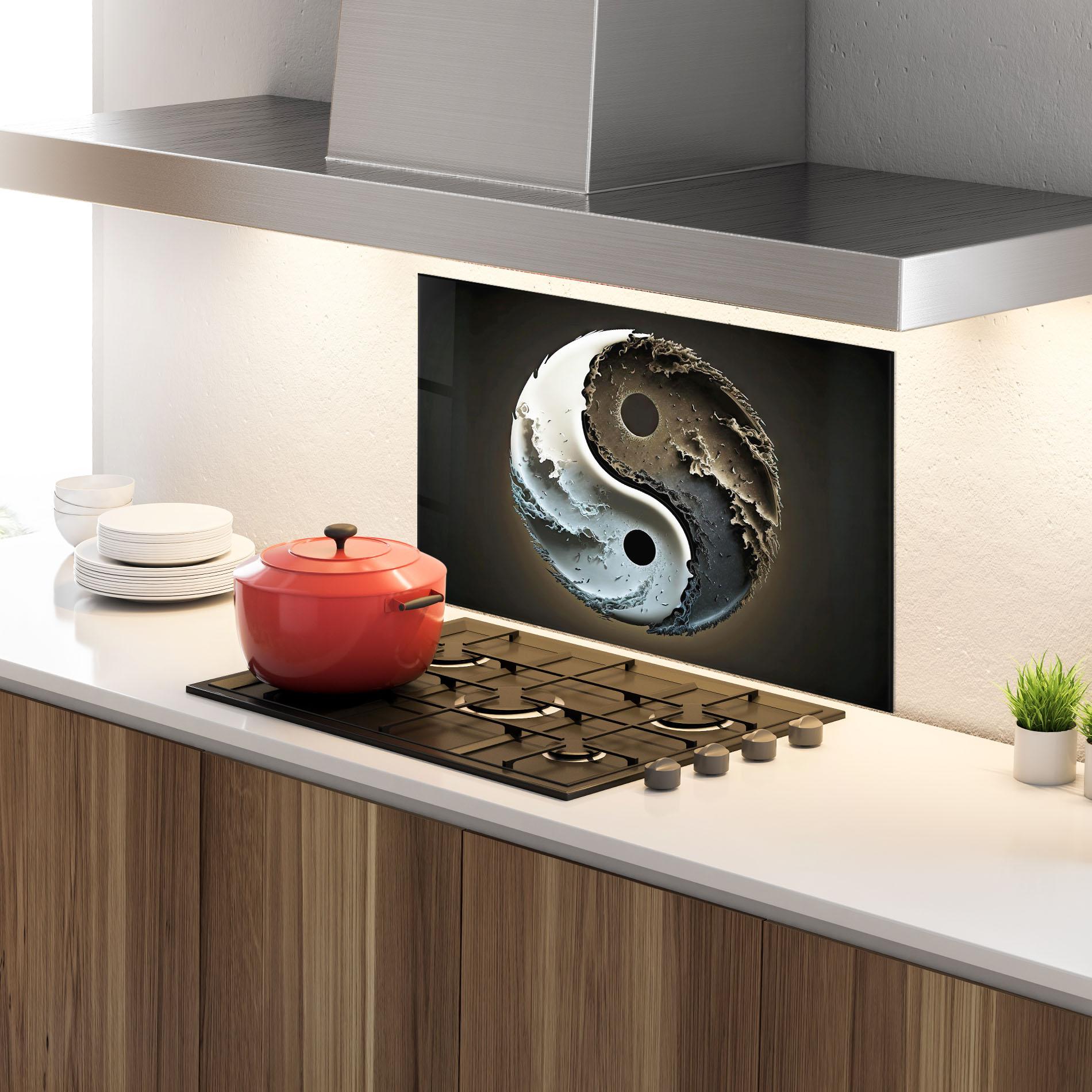 Küchenrückwand Glas Brown Smoke Yinyang mockup 4