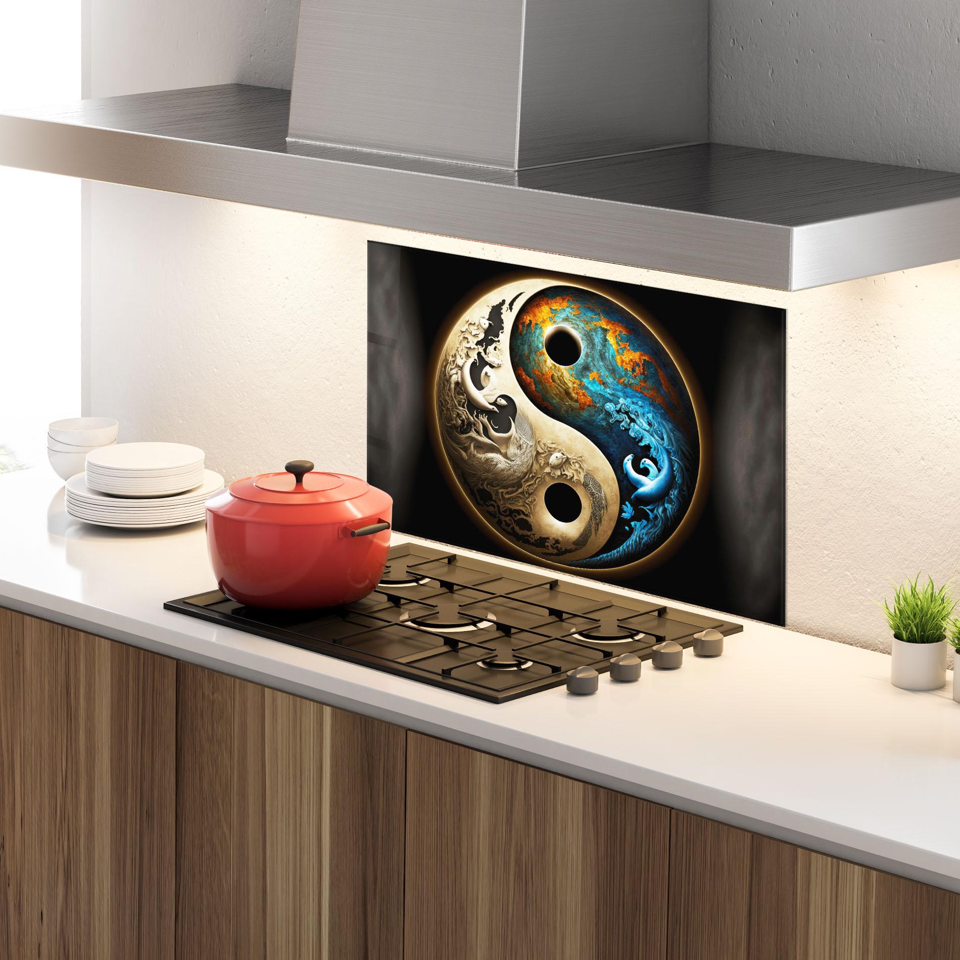 Küchenrückwand Glas Cream Blue Yinyang mockup 4